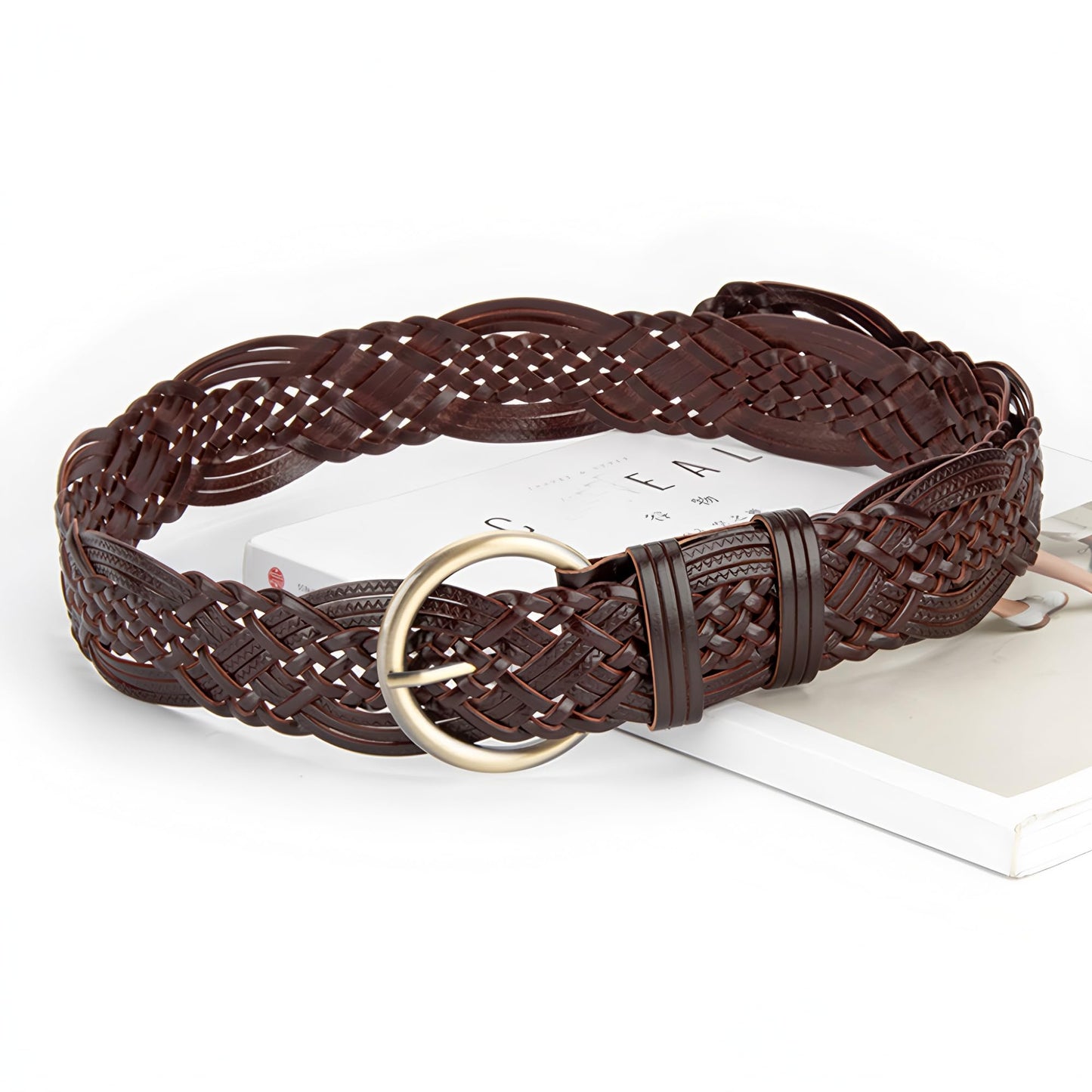 ANNULOYA Women's Braided Leather Belts Adjustable Casual Waist Strap for Jeans Dresses Everyday Outfits (Coffee, 110cm/Suit 23-40")