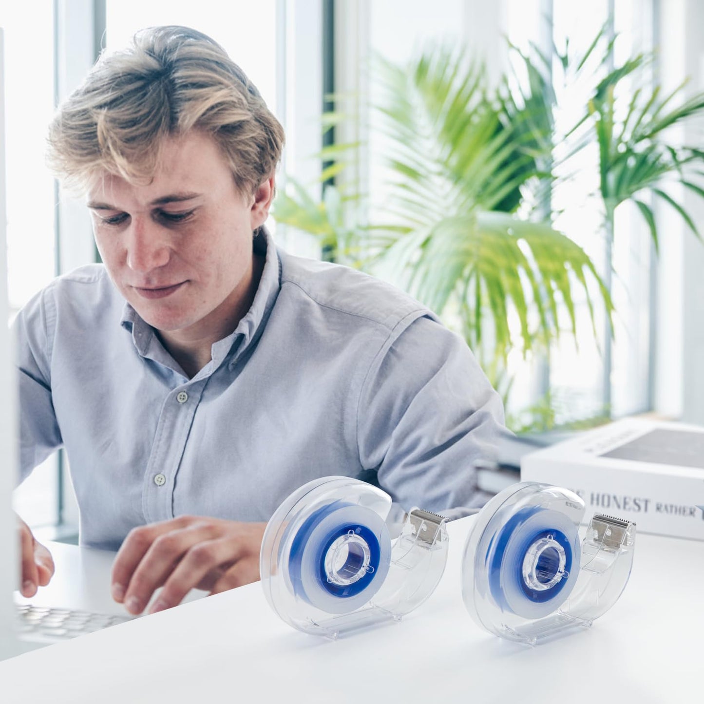JEFURE 24 Pcs Transparent Tape with Dispenser, 0.7 x 1000 in Blue Core Clear Tape Rolls Bulk, Office Tape Refills for Desk, Craft, and Gift Wrapping