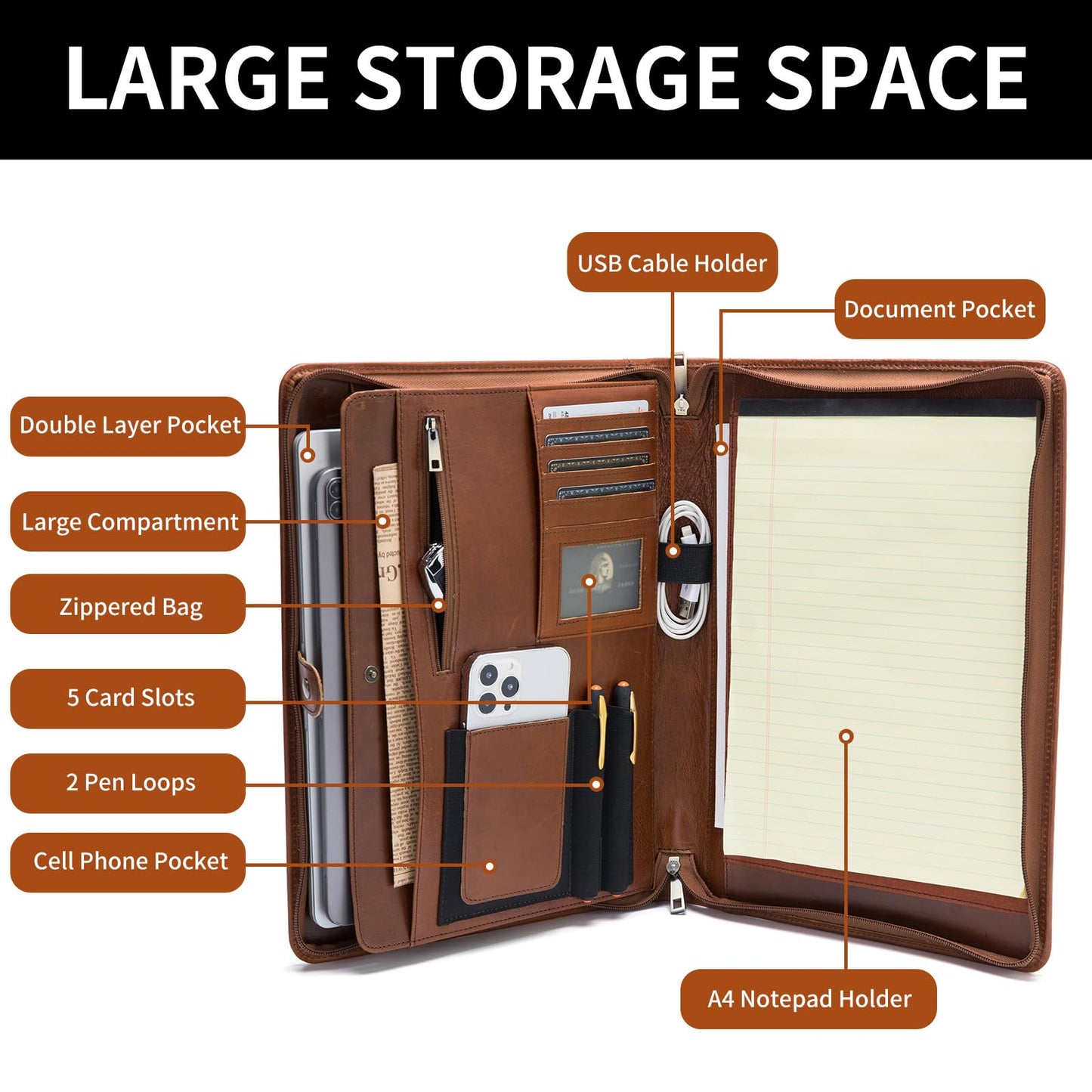 Geslun Genuine Leather Portfolio, Legal Size 8.5 x 14 Pad Holder, Business Padfolio for Men and Women, Zipper 14" Laptop Organizer, Executive Professional Work Travel Notepad Folio, Brown, Oil Tanned