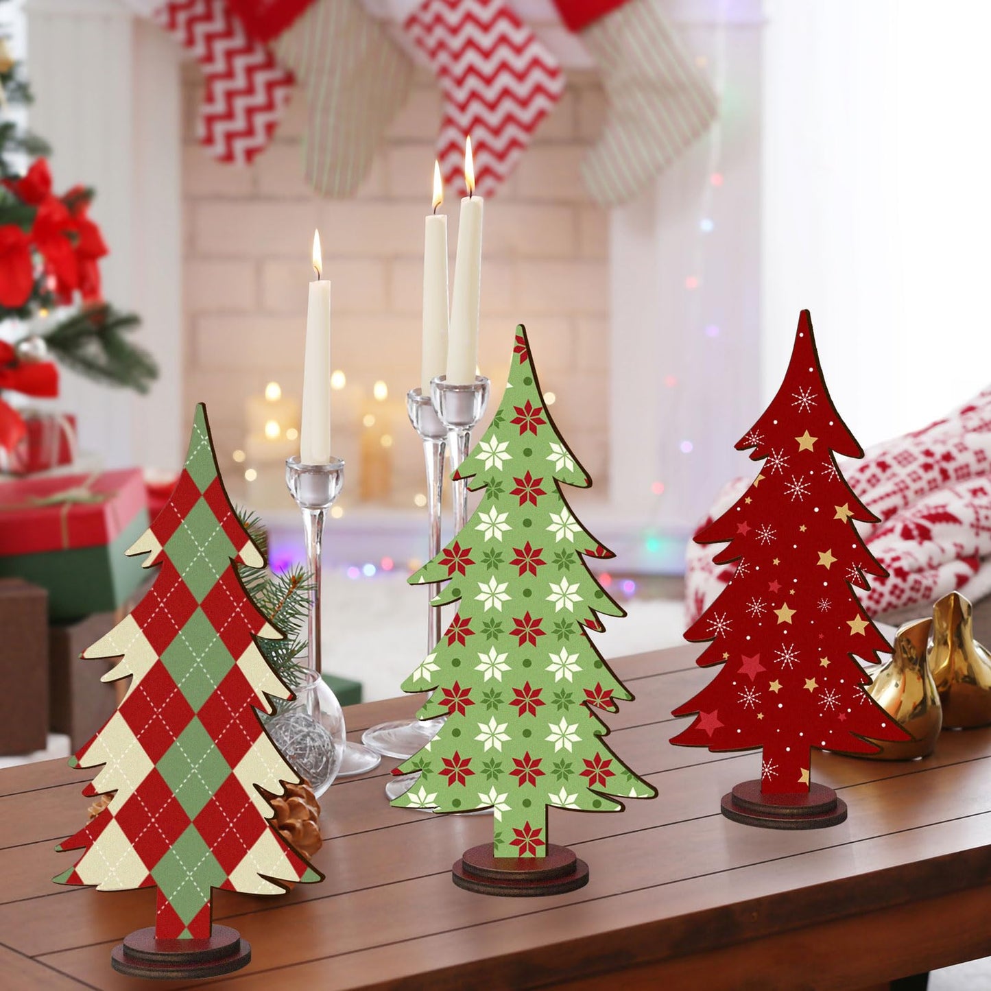 Pigort Christmas Decorations – Rustic Wooden Christmas Tree Table Decor, Freestanding Xmas Centerpiece for Home & Shelf, Winter Tiered Tray Decorative (3)