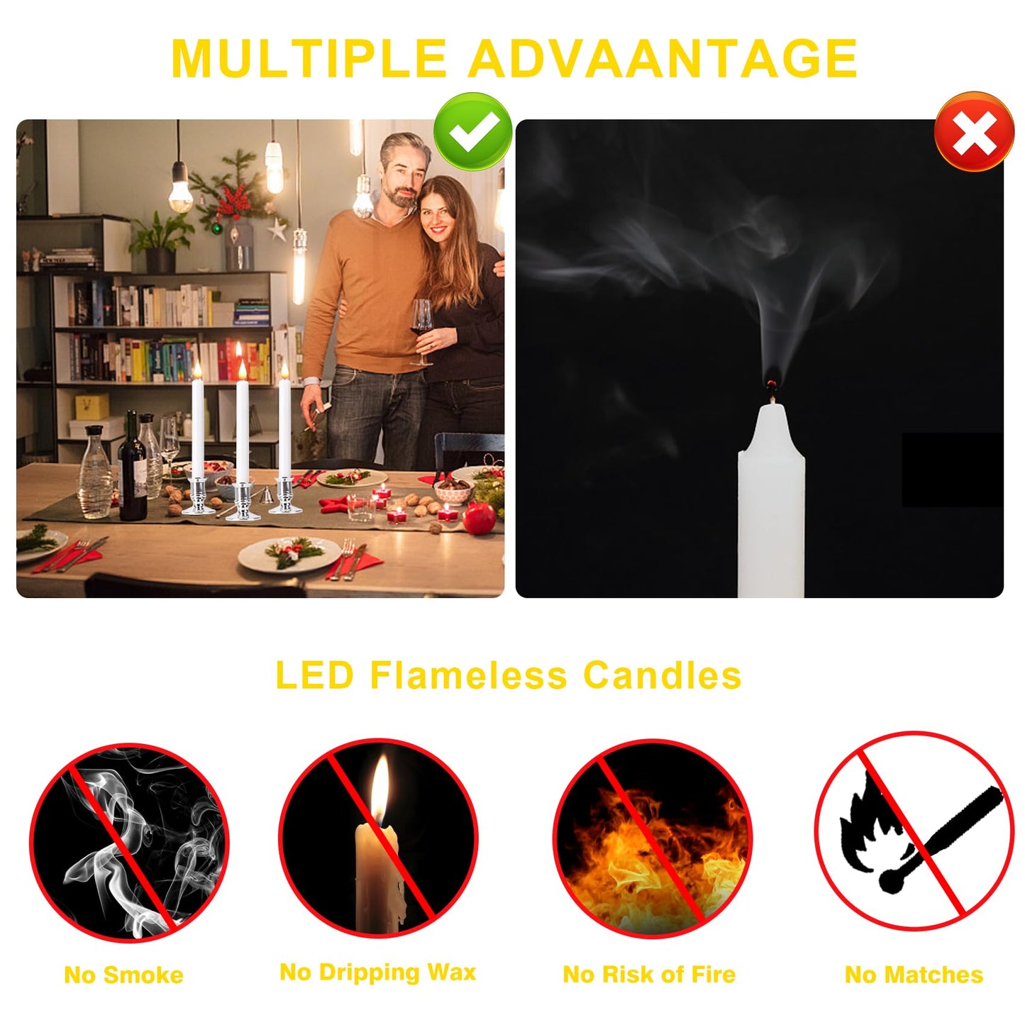 POQCCT LED Flameless Window Candles with Remote Timer 10 PCS Battery Operated Flickering Taper Candle Lights with Removable Sliver Candle Holders Best Gift for Xmas Wedding Home Dinner Décor