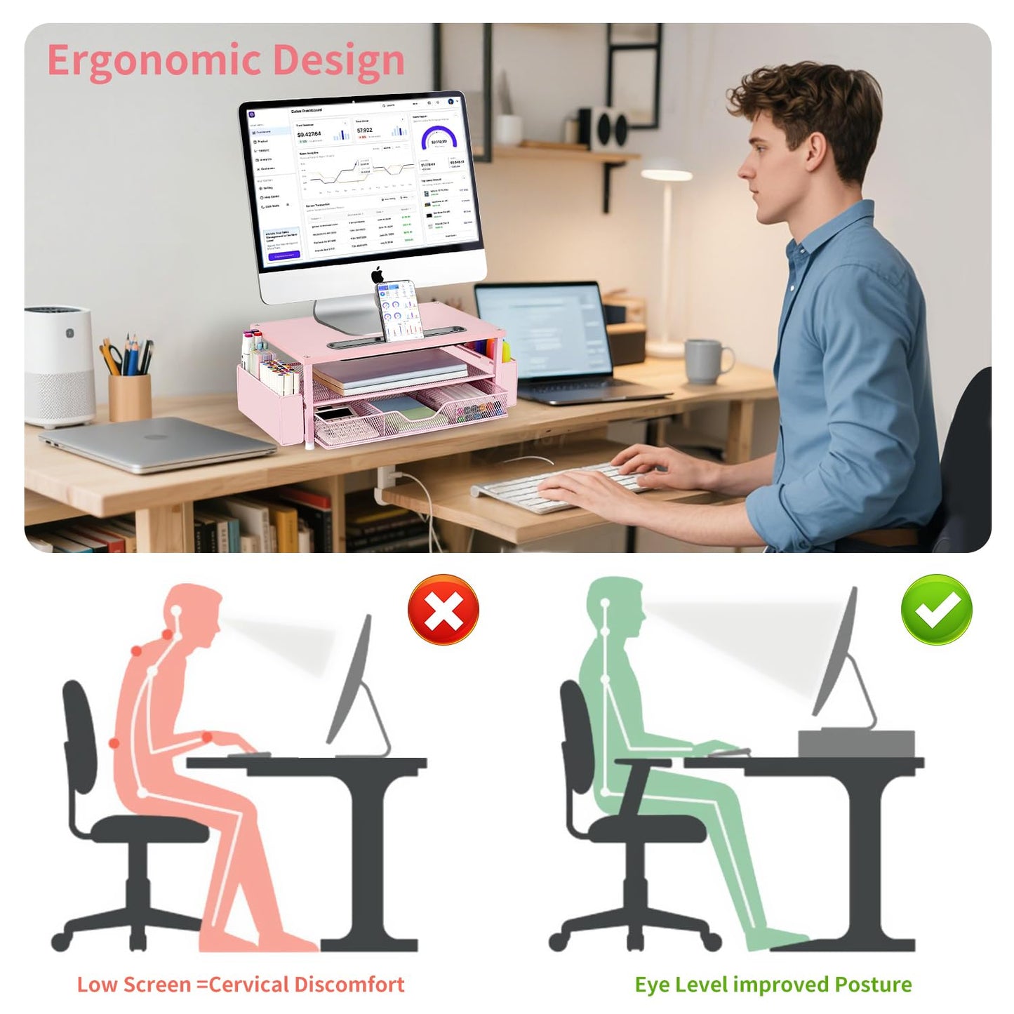 AUPSEN Pink Desk Organizers and Accessories, 2-Tier Wood Computer Monitor Stand with Drawer, Pen Storage & Phone Holder, Office Desk Accessories, Workspace Desktop Organization for Office Supplies
