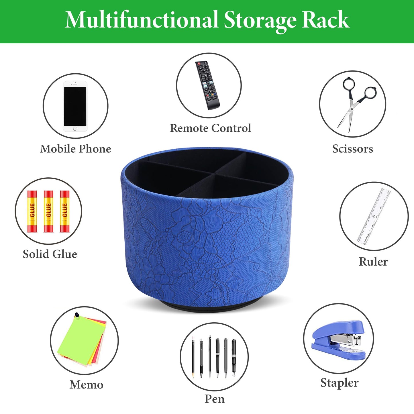 Lvkjafaz Round Leather Art Supply Organizer,Remote Control Holder,360 Degree Spinning,Multi-Functional Pencil Holder,4 Compartments Desktop Stationary Organizer(1-Lace Flower Blue)