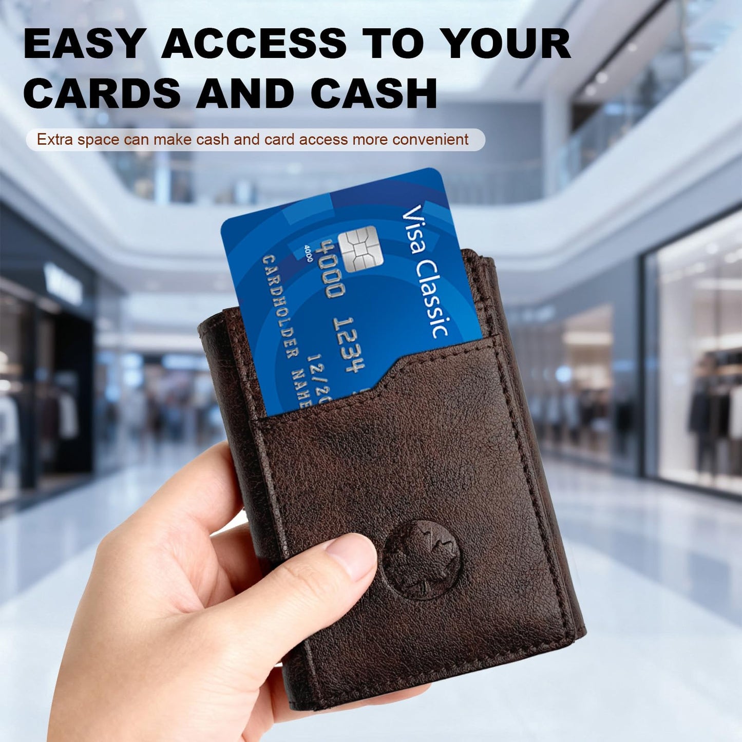 OLLEN Trifold Leather Wallet for Men, RFID Blocking Slim Wallet with 15 Card Capacity Cash Pocket 2 ID Windows, Magnetic Closure Minimalist Wallet for Front Pocket Wallet, Coffee