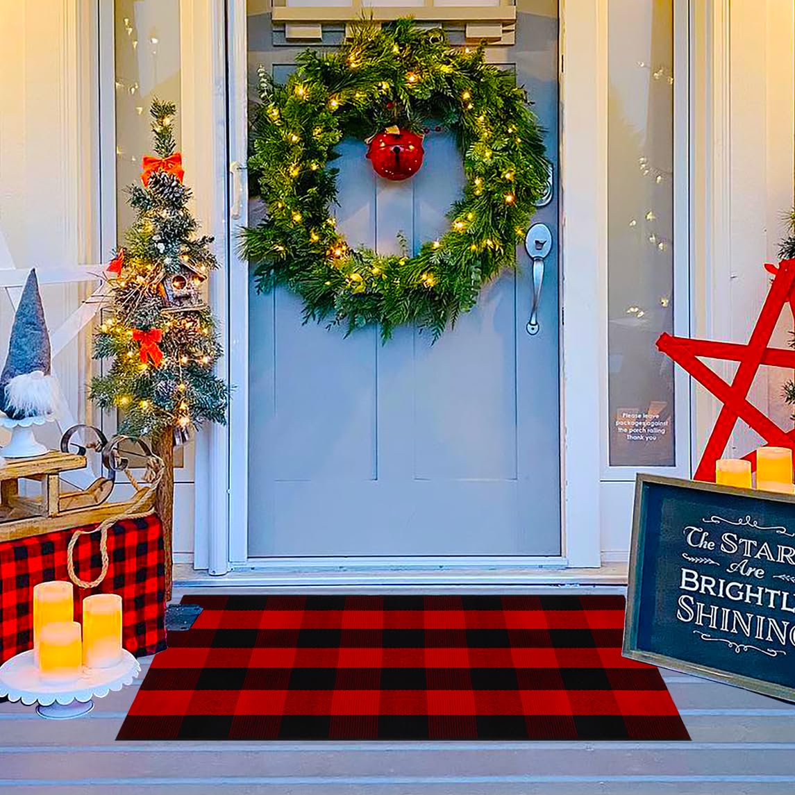 Ckorzen Red Green and White Plaid Rug, 28" x 43" Christmas Front Porch Outdoor Rug, Handwoven Cotton Washable Rug for Layered Door Mats, Holiday Entryway and Home Décor
