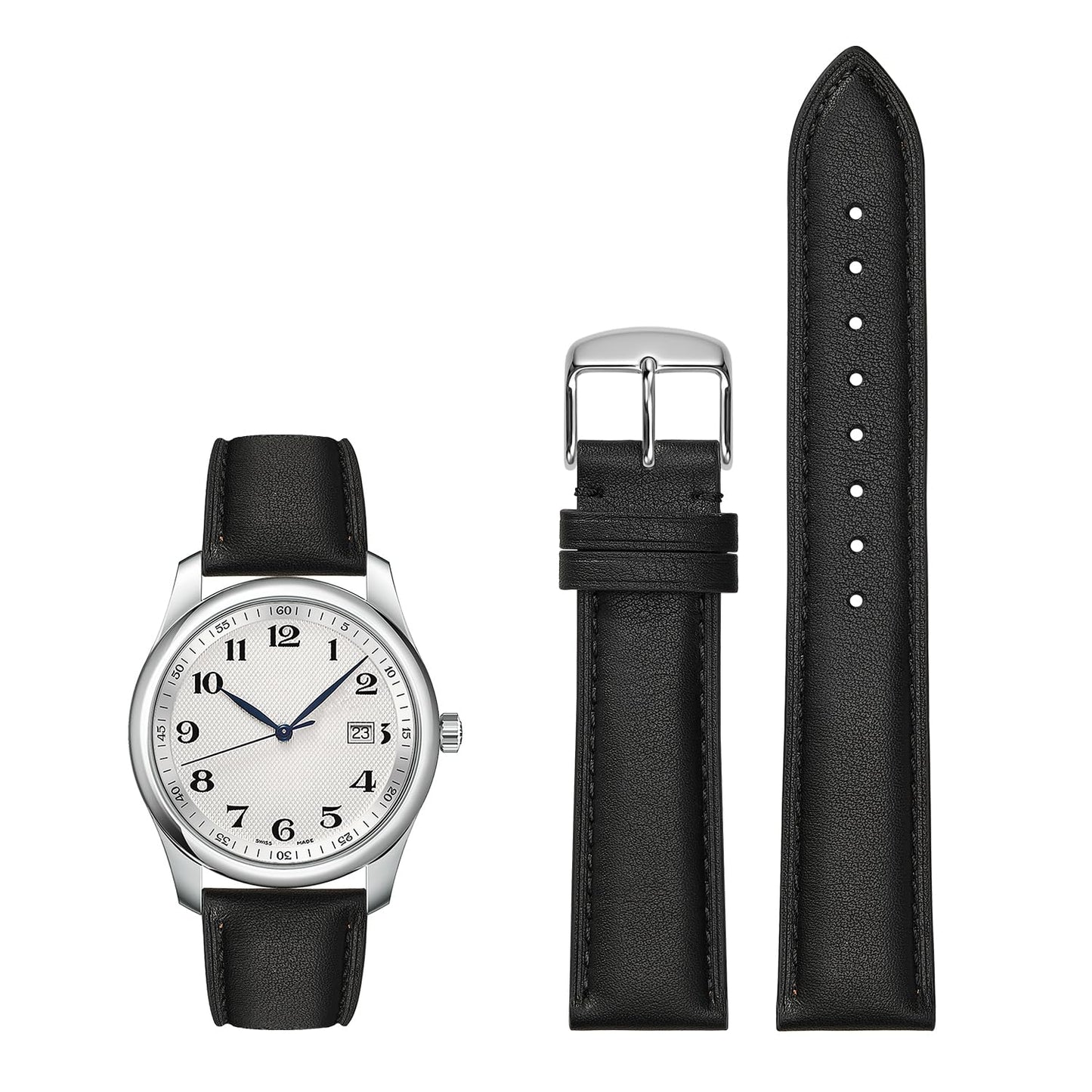 Afany Leather Watch Band 22mm for Men and Women, Quick Release Watch Strap, Black Replacement Watchband