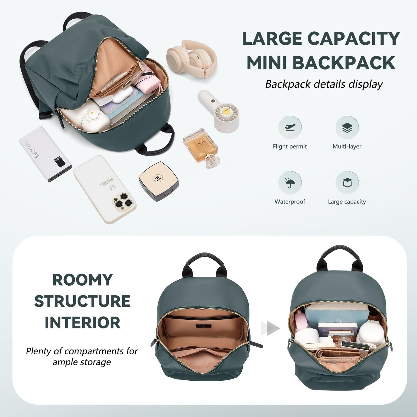 GOLF QUALITY Small Backpack for Women, Cute Backpack Casual Work Daypack Purse for College Travel, fit 9.7 Inch, Dark Green