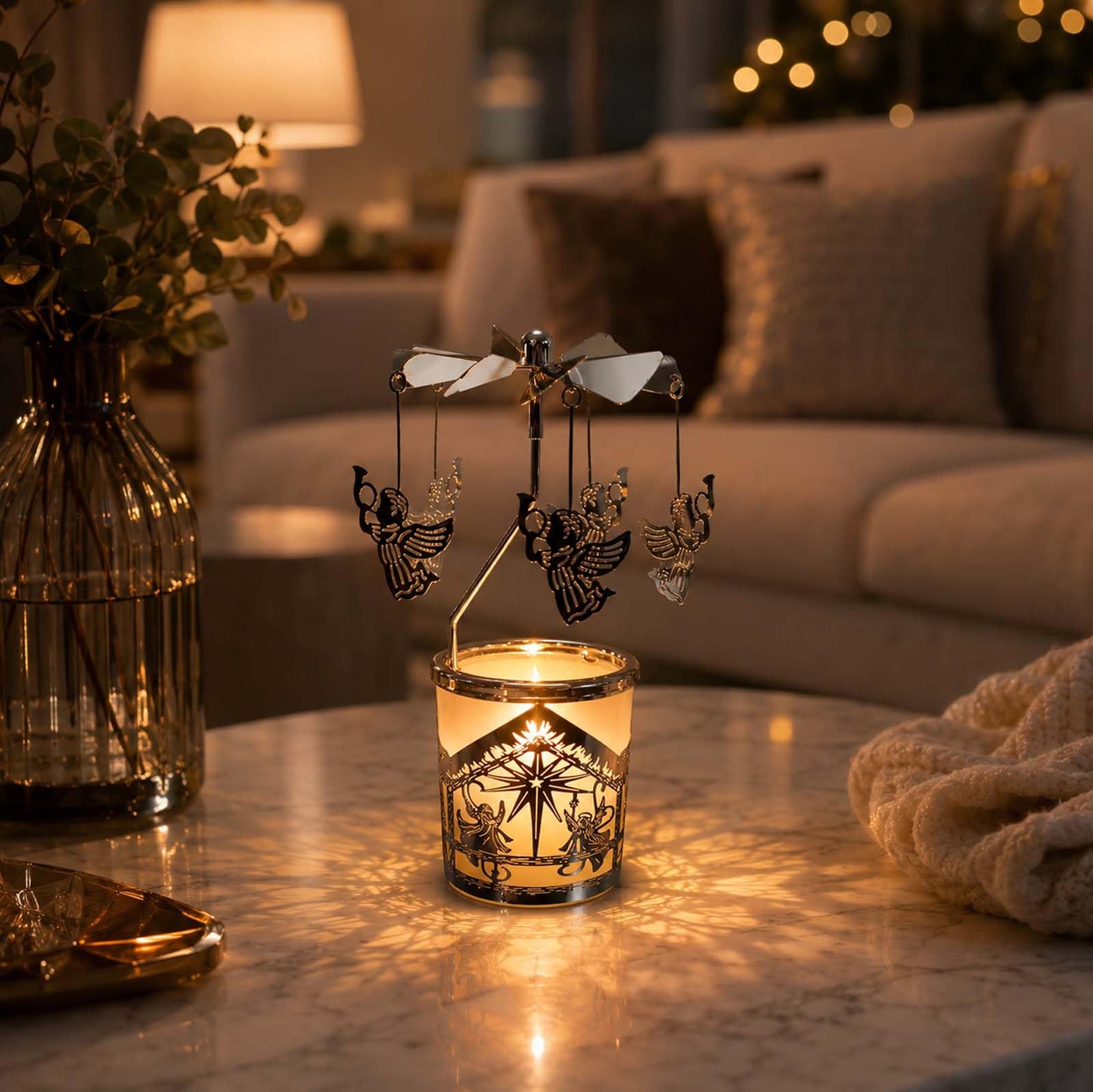 kingnero Carousel Candle Rotary Candle Holder Spinning Candleholder Metal Tea Light Candlestick for Home Decor (Silver Angel)