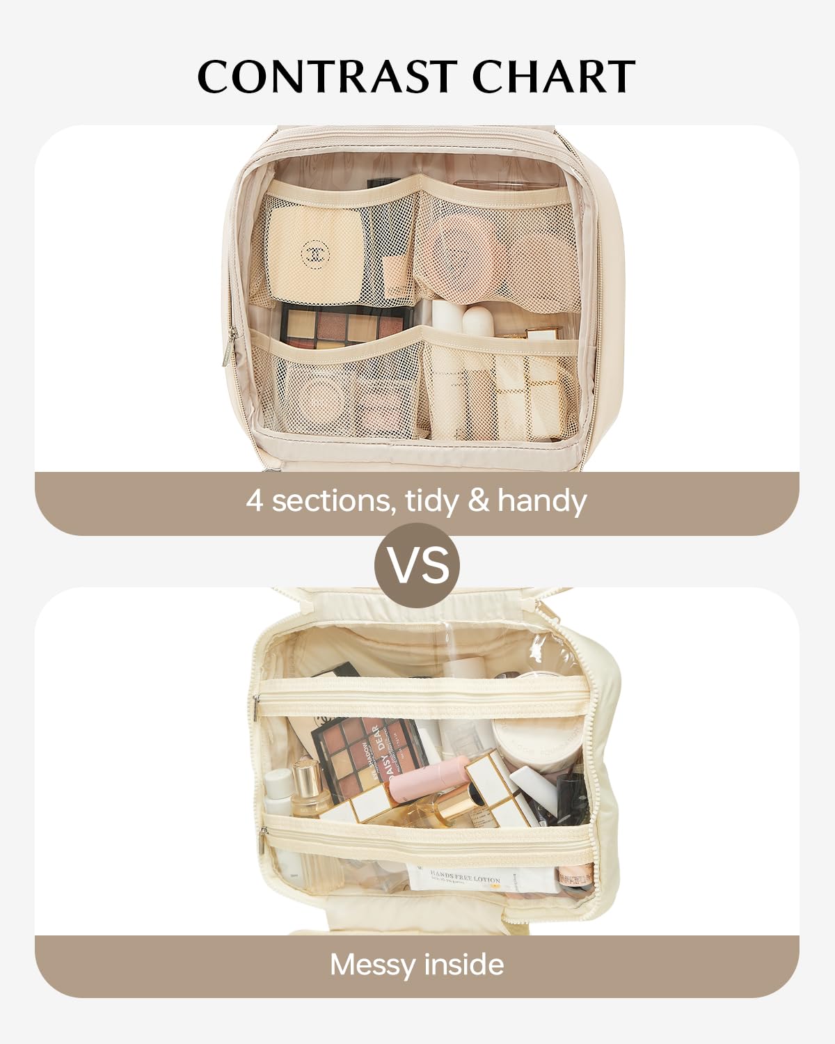 EACHY Toiletry Bag with Hanging Hook, Travel Makeup Bag PU Leather Cosmetic Bags for Women Make Up Organizer with 4 Compartments Waterproof Full-Size Portable Travel Essentials (White，Pro)