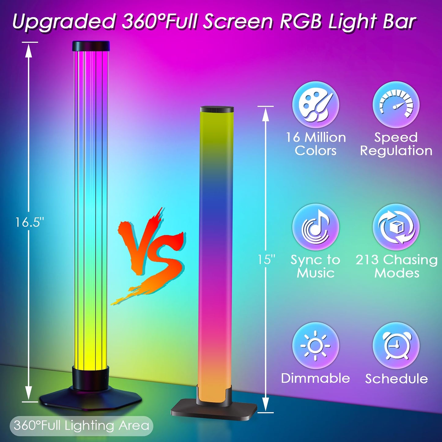 360° Smart Light Bar, RGB Light Bars, Crystal Ambient Mood Light with 16 Million Colors, 213 Preset & 8 Scene Modes, Music Sound Sync, 3 Modes Control, RGB & IC Backlight for TV/Monitor/Gaming/Room