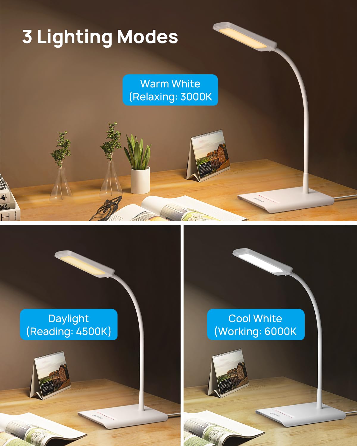 TROND Desk Lamp, Bright Dimmable Eye-Caring Table Lamp, 3 Color Modes 7 Brightness Levels, Flexible Gooseneck, Touch Control, Memory Function, Desk Light for Home Office Dorm Room Essentials