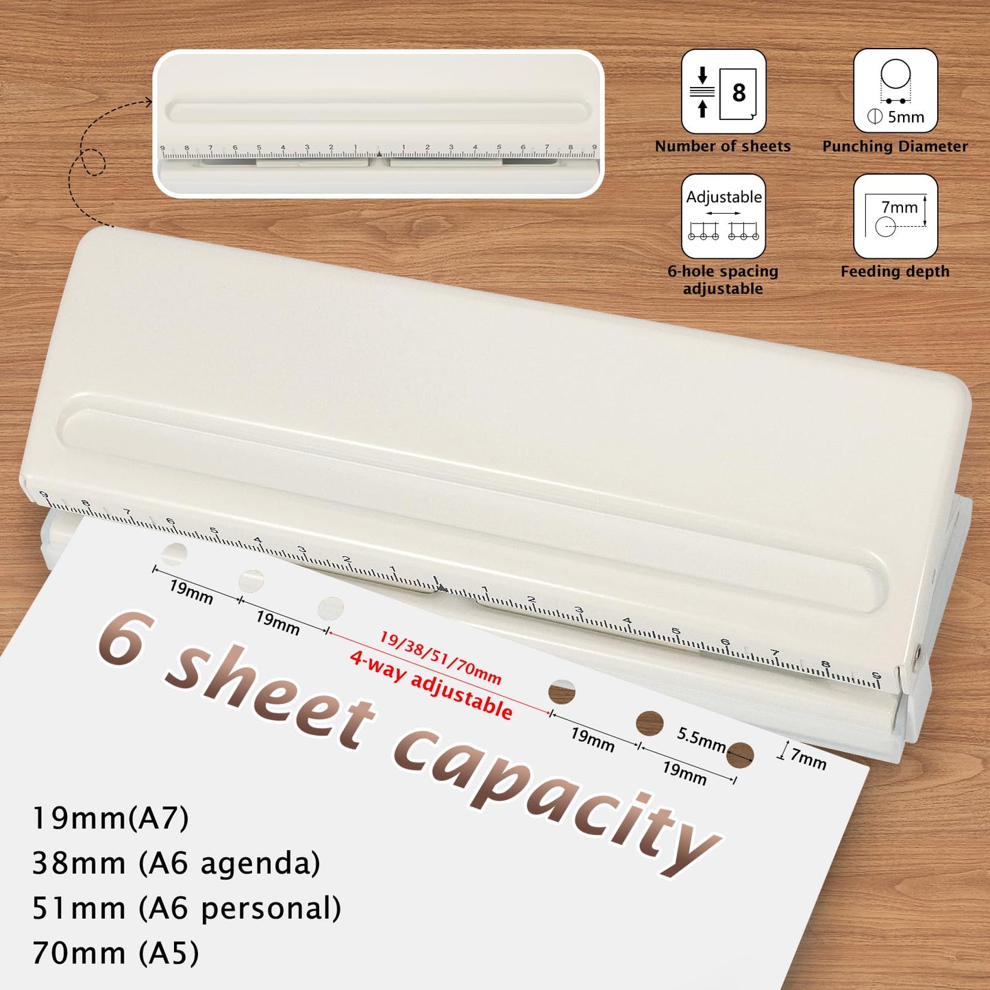 Metal Adjustable 6 Hole Punch for A5 A6 A7 Binders/Planners, Paper Hole Puncher 6 Ring with Guide Rule, 6 Sheet Capacity, Heavy Duty 6 Hole Punch for Binder/Agenda/Notebook/Bookbinding DIY (Off White)