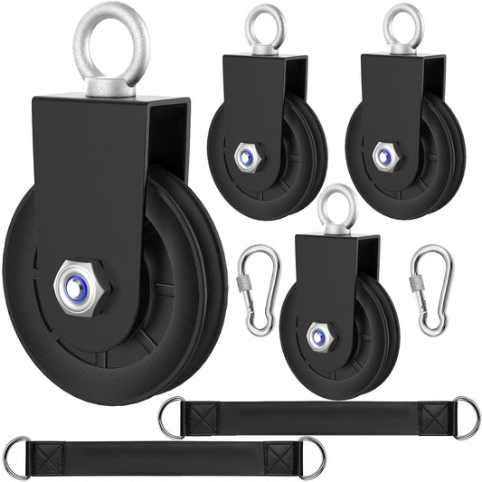 BESTEEL 4 Pack 90mm Cable Pulley Wheel Nylon Pulleys Rotation 360 Degree Traction Wheel Detachable With Strap & Carabiner,Silent Bearing for Home Weight Lifting Gym Pulley Replacement System Equipment