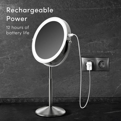 Fancii 9-Inch Lighted Makeup Mirror Height Adjustable with 10X /1X Magnification - Rechargeable, Double Sided LED Vanity Mirror with Light and Stand, 360° Swivel (Hailey)
