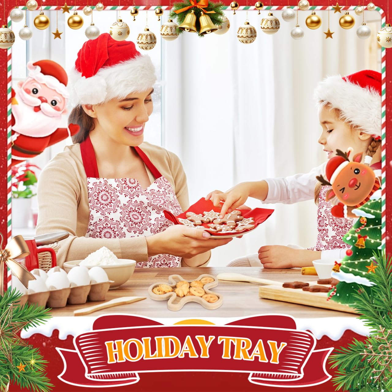 DECHOUS Gingerbread Serving Tray 8.3 Inch Charcuterie Board Christmas Bamboo Serving Platter Holiday Treat Tray for Snacks, Appetizers, Desserts, Holiday Home Party