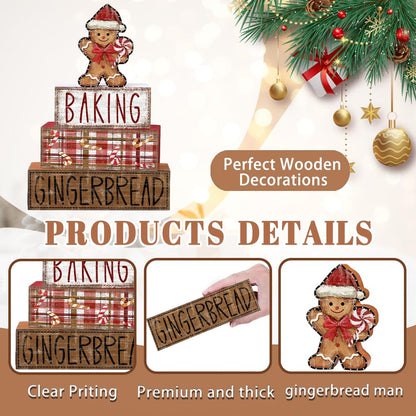 DIYDEC 4Pcs Christmas Table Decoration Gingerbread Man Wooden Block Sign Christmas Tiered Tray Decor Centerpiece Decorative Sign for Xmas Holiday Tabletop Coffee Fireplace Shelf Desk Party Decor