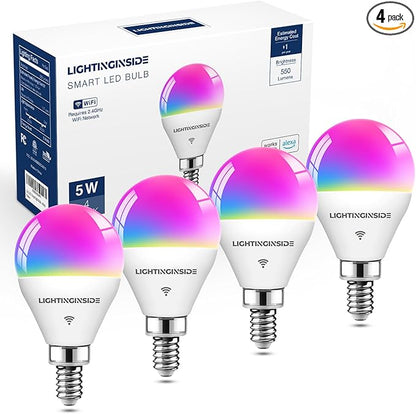 Lightinginside E12 Smart Light Bulbs 50W Equiv., G16.5 RGBCW Candelabra Chandelier Ceiling Fan Smart Bulb Works with Alexa/Google Home/Smart Life, 5W 550LM, 2.4G WiFi Bluetooth Bulb, ETL Listed, 4PCS