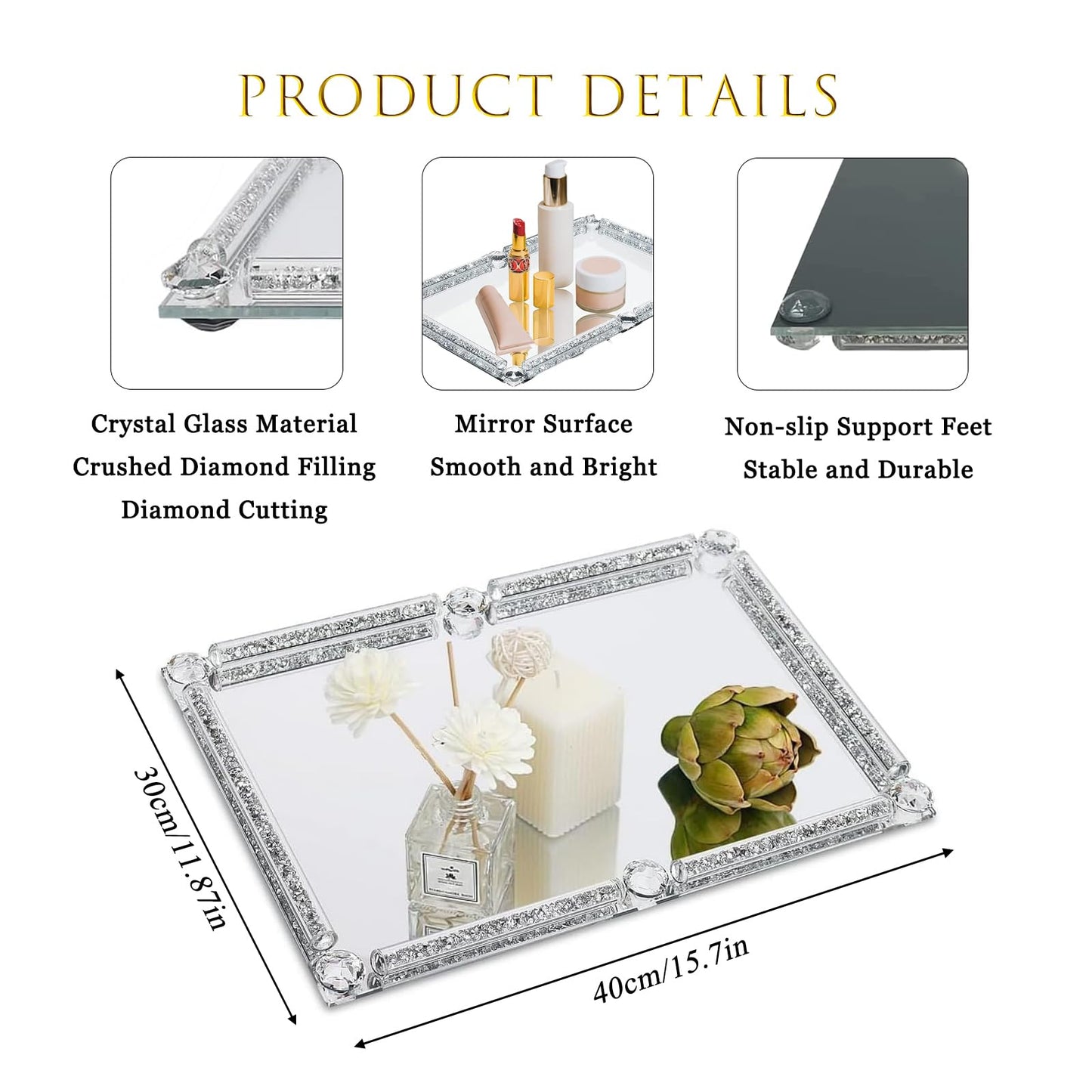 Large Crystal Perfume Tray, 15.7" x 11.8" Silver Glass Mirror Vanity Tray Noble Jewelry Trinket Display Tray for Desser Crushed Diamond Home Decor Cosmetics Makeup Organizer Serving Trays for Party