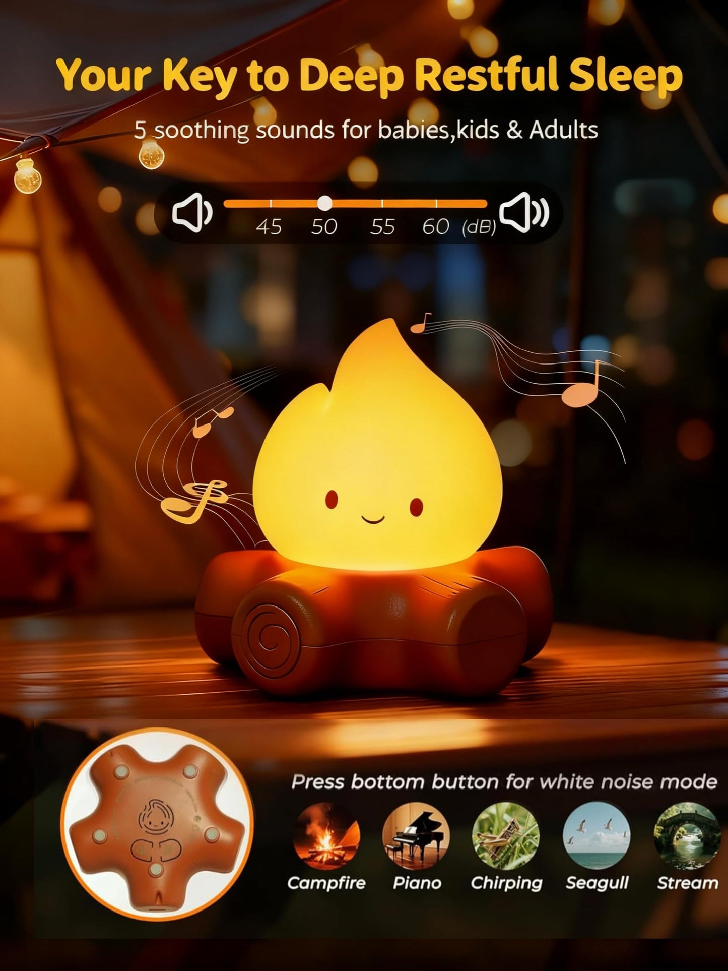 Tarinks Campfire Night Light, Portable Flame Lamp with White Noise, Cute Silicone Flameless Candle Lights,Suitable for Kids lamp Bedroom, Indoor/Outdoor and Home Decoration