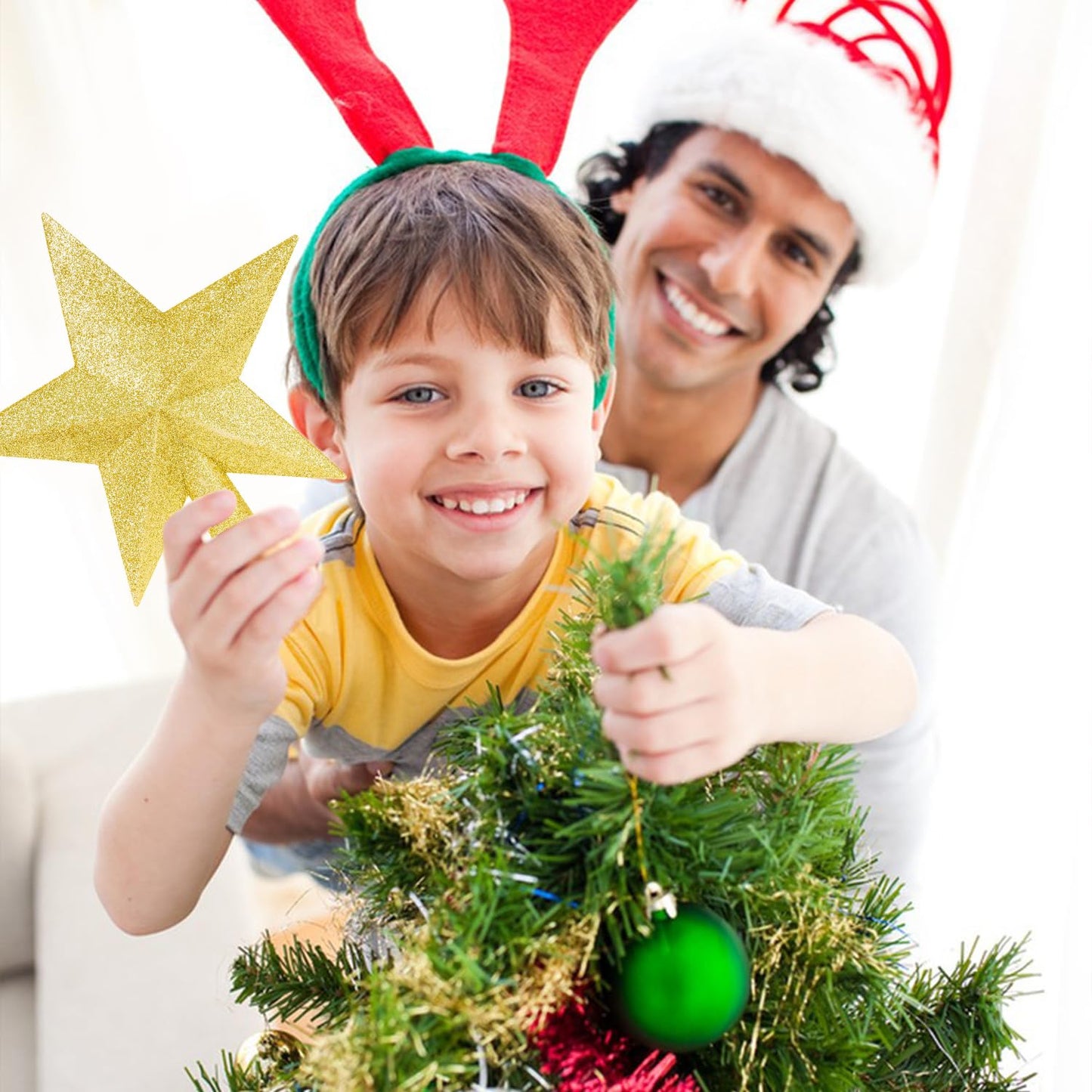 DERAYEE Christmas Tree Topper, 7.9 Inch Gold Christmas Tree Star Tree Topper Glitter Xmas Tree Top Star for Christmas Tree Decoration