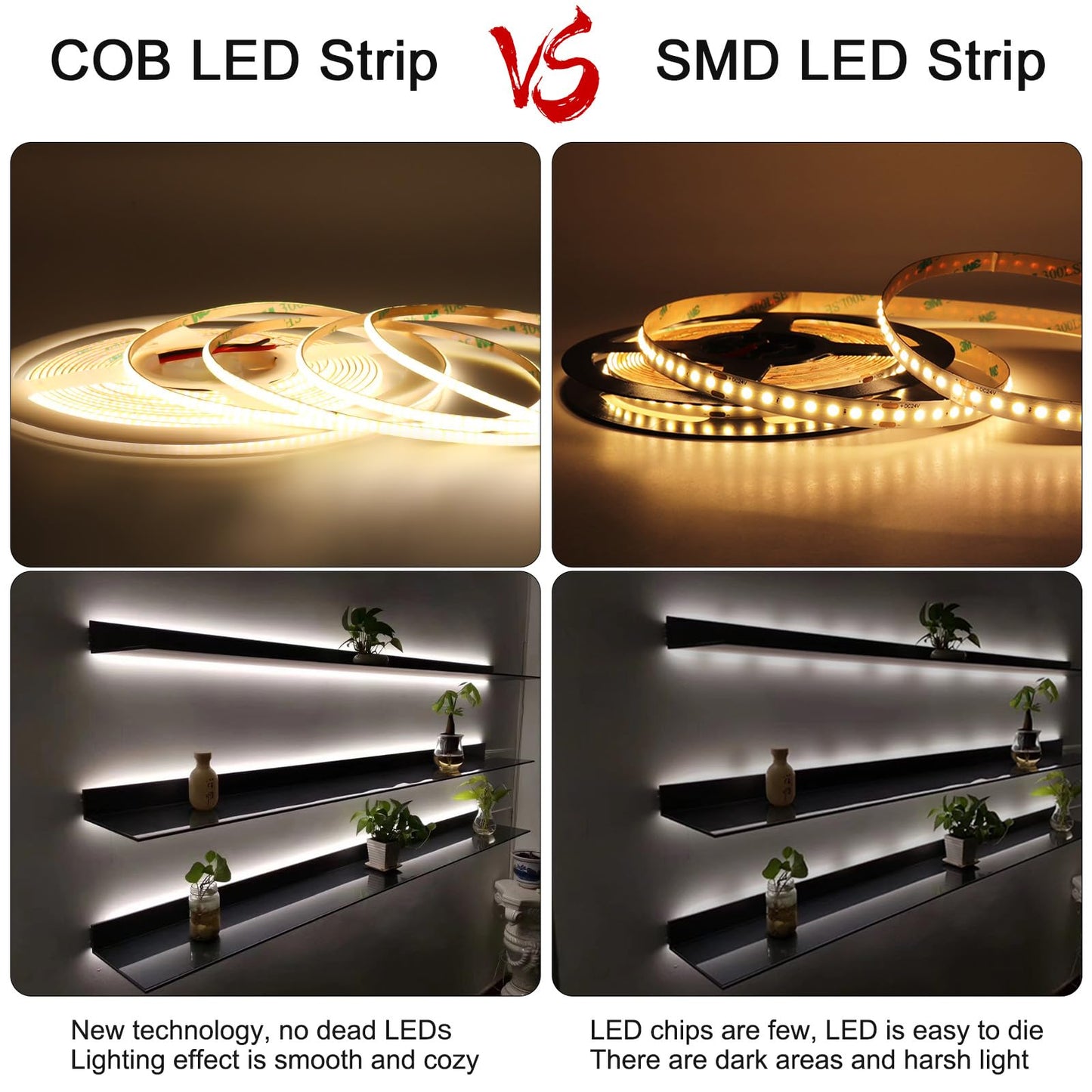 3mm COB Strip Light, DC 12V Cold White 16.4ft Flexible Cuttable Ultra-Thin LED Tape CRI>90 Uniform Dotless 400LEDs/M LED Light for Christmas Bedroom Home Kitchen Cabinet Decor (NO Power Supply)