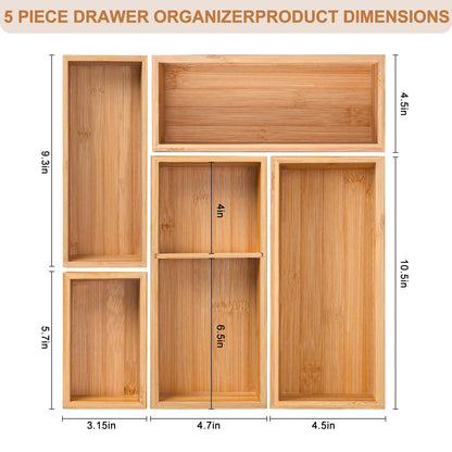 Bamboo Drawer Organizer 5 Pcs for Kitchen Multi-purpose Storage Dividers for Kitchen, Office, Jewelry, Cosmetics, Wooden Drawer Dividers for Drawer Organizer Desk Organizer Gift for Women Gifts Idea