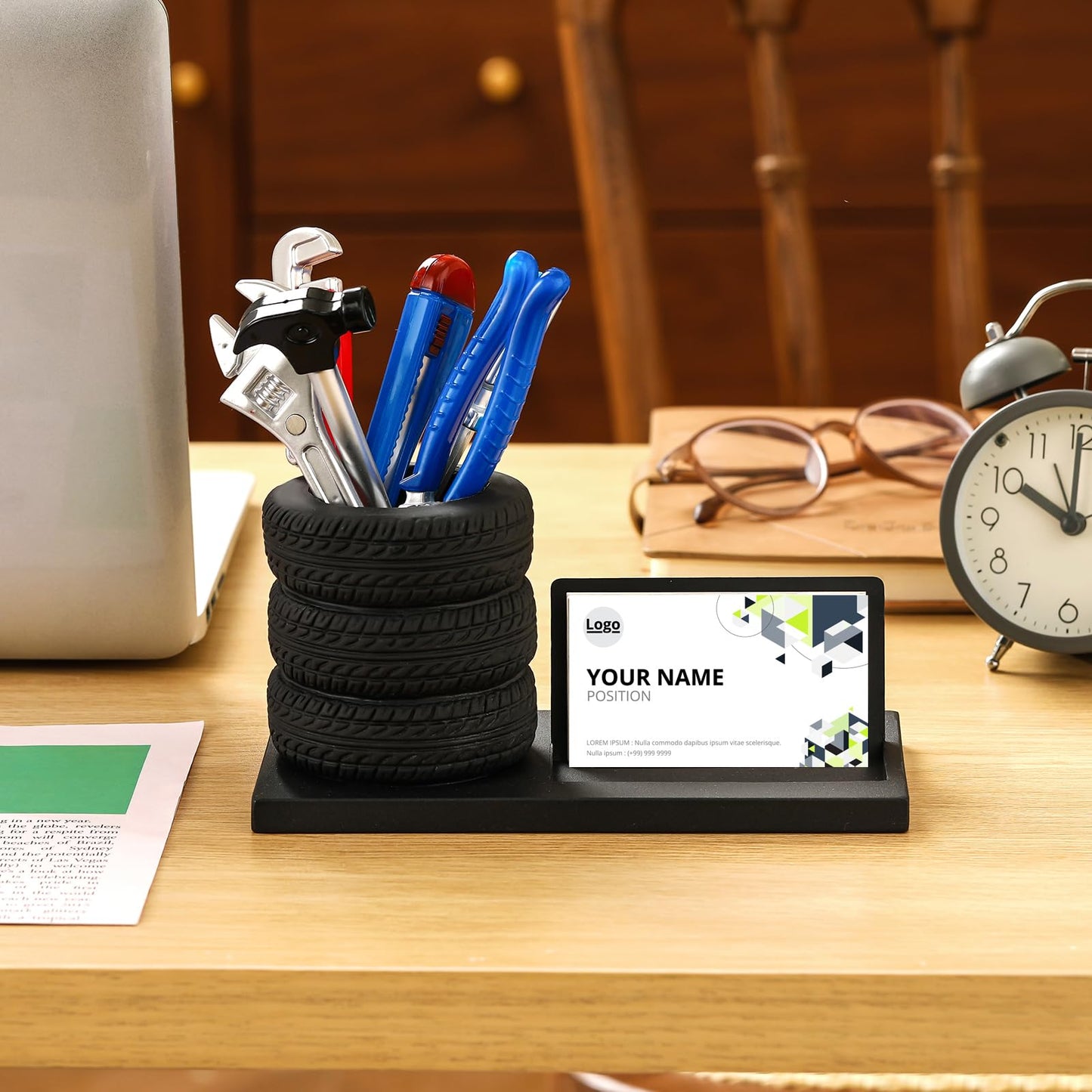 Feifeiya 7 Pcs Tire Pen Holder Tire Shape Funny Desk Accessories Include 6 Pcs Novelty Tool Car Business Card Holder Gift for Men Father's Day Mechanic Car Lover Salesman(Black,Metal)