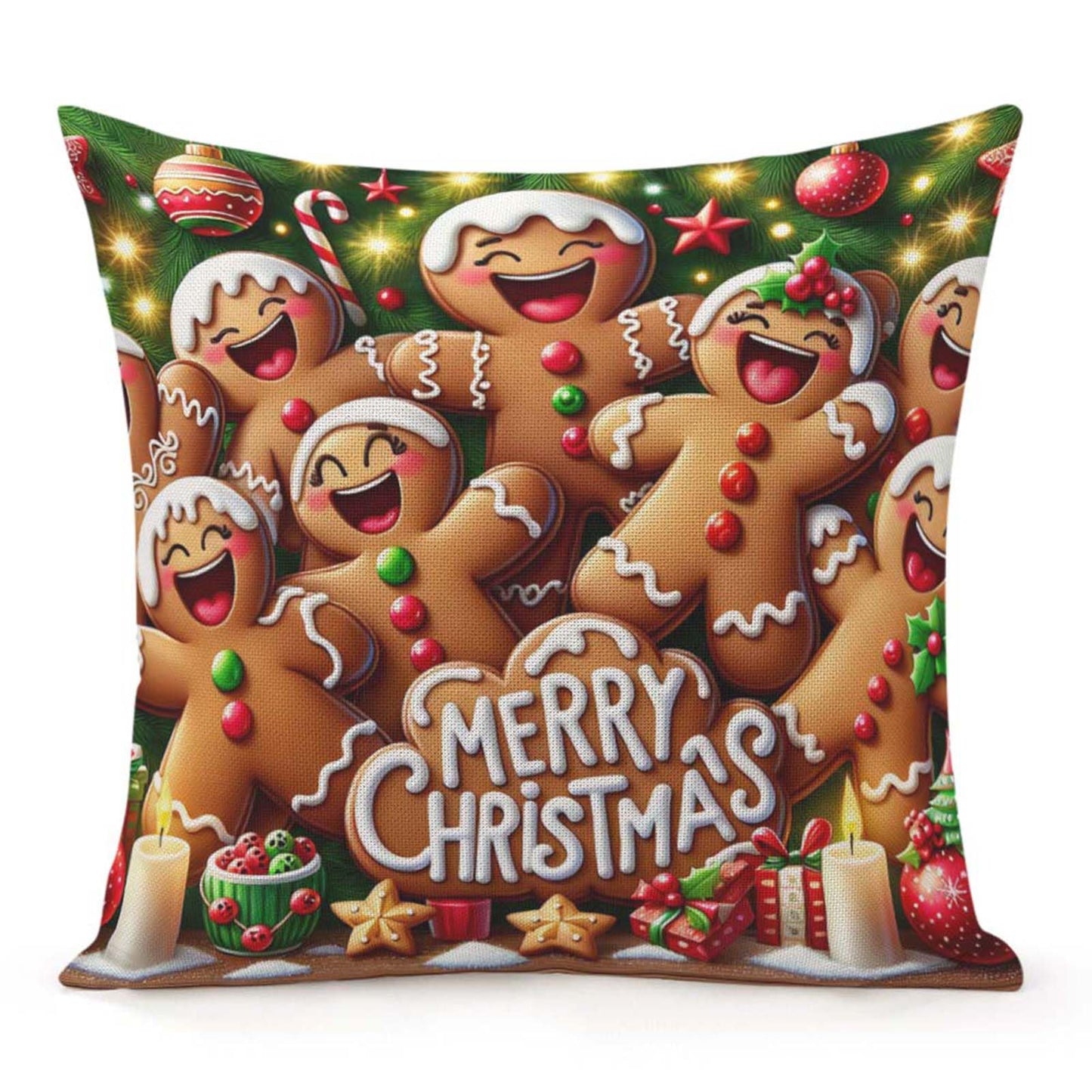 Jiaopenyou Throw Pillow Cover 20x20 Inch,Gingerbread Men Dancing Merry Christmas Decorated with Icing Candies Christmas Tree Throw Pillow Case,Home Decor Cushion Covers for Sofa Living Room Couch Bed