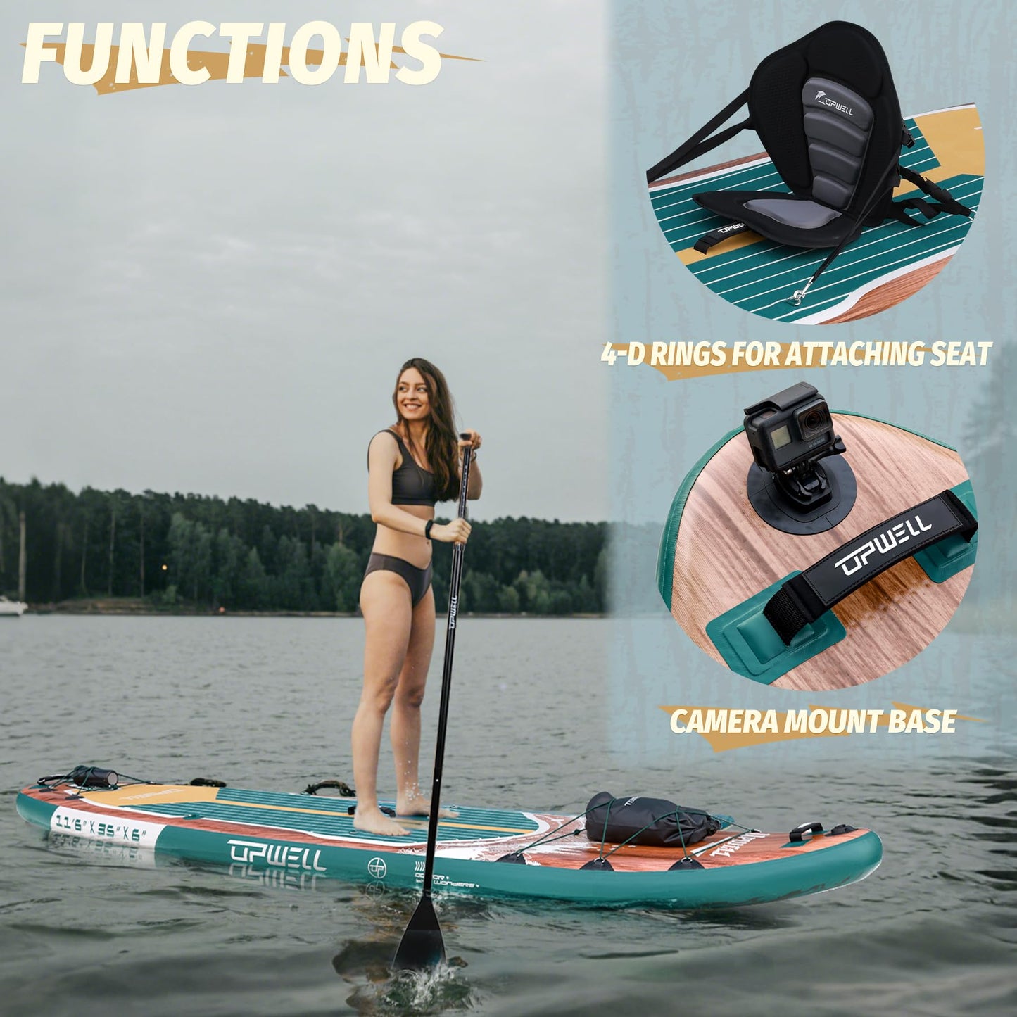 UPWELL 11'6"×35" Extra Wide Inflatable Paddle Board, Stand Up Paddle Board with Kayak Seat, Sup Paddle Boards for Adults, Sequoia Green
