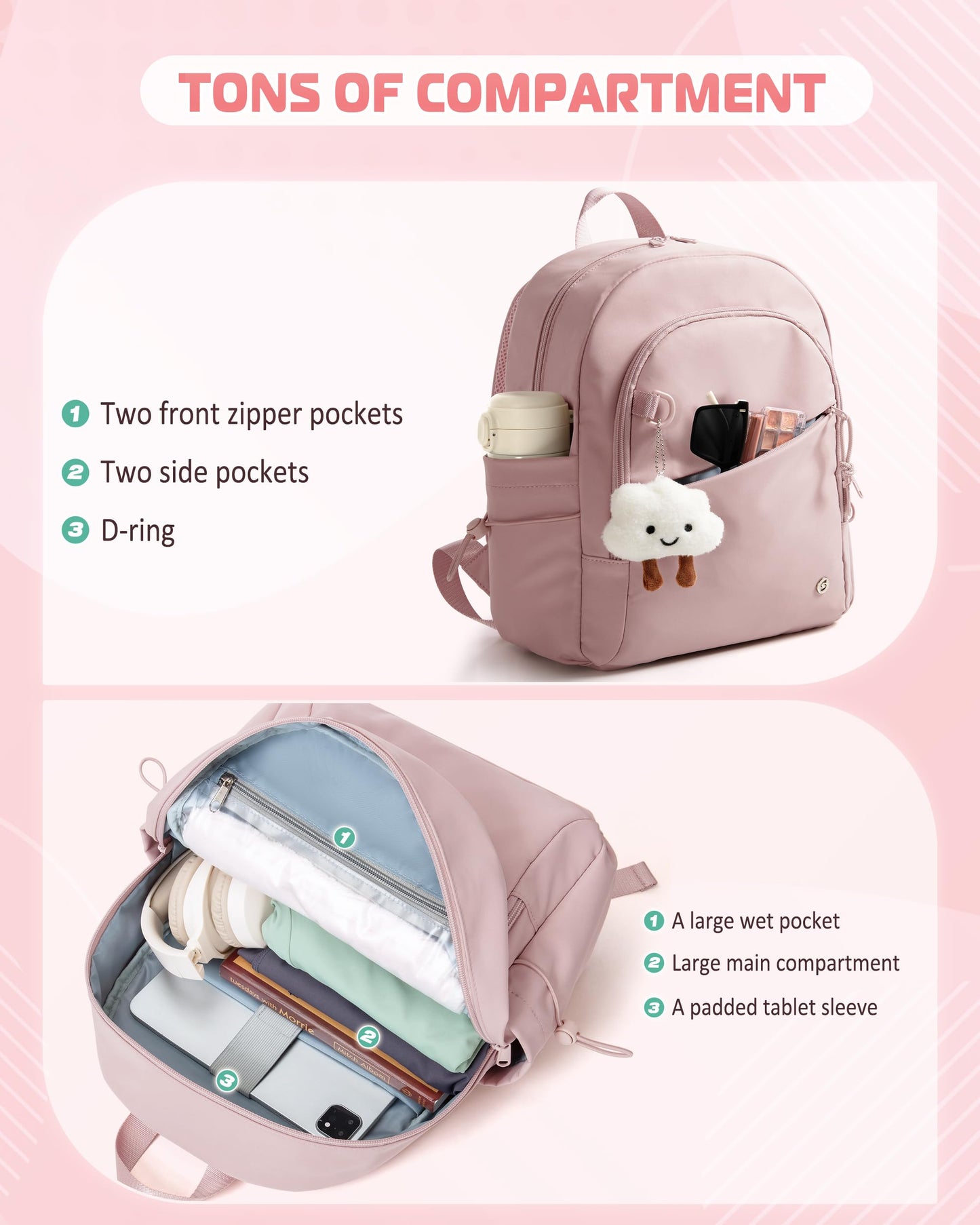 Smasrob Women Mini Backpack with Wet Pocket and RFID Blocking Pocket, Small Backpack Purse for Gym, Work, College or Travel, Pink