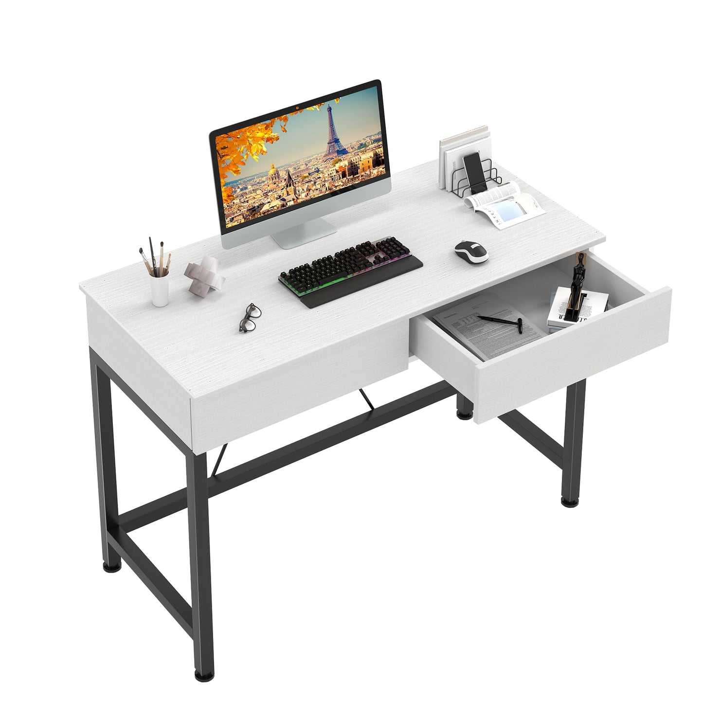CAIYUN 40Inch Computer Desk with 2 Wooden Drawers, Small Desks for Home Office with Storage,Vanity Desk for Bedroom, Gaming Desk for Small Spaces, Simple Kids Study Writing Desk Table (White, Wooden)