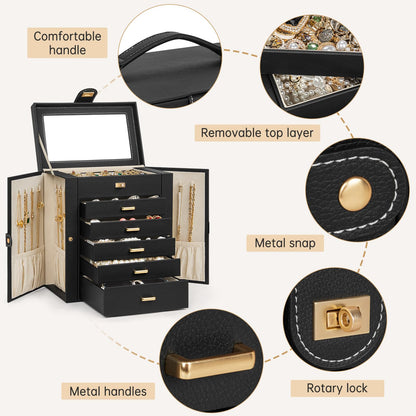 AKOZLIN 6-Tier Jewelry Box Organizer Functional 5 Drawers Leather Jewelry Storage Case for Women Girls Ring Necklace Earring Bracelet Holder Organizer with Mirror Black