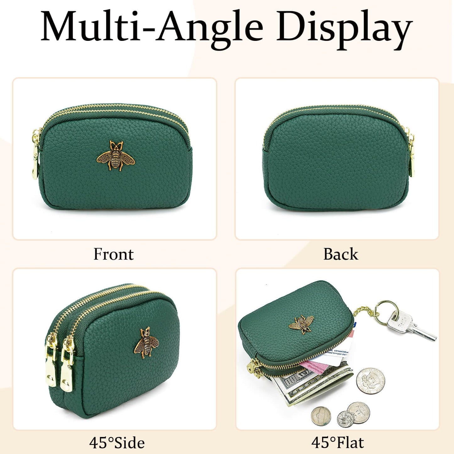WOZEAH Leather Coin Purse for Women Small 2 Zipper Change Wallet with Key Ring Card Key Coin Cash Holder Pouch(Green)