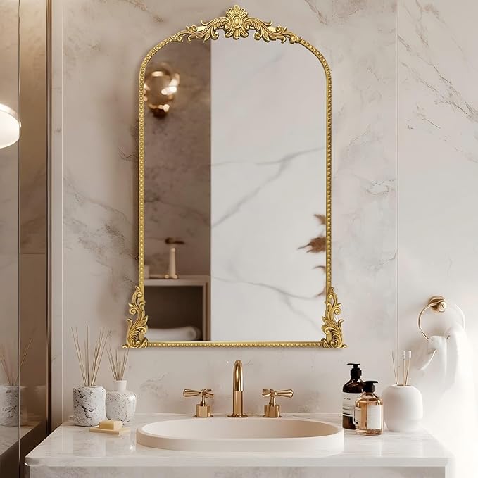 Growsun Vintage Gold Arched Mirror, 24’’x42’’ Antique Baroque Ornate Wall Mirror Decor with Full Metal Frame for Fireplace/Entryway/Living Room/Bathroom