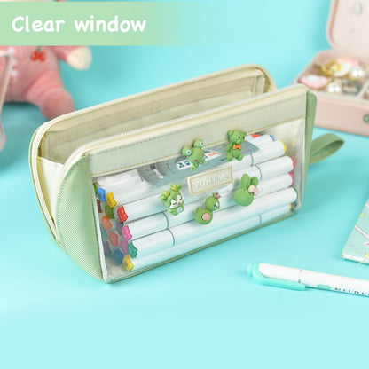 YOKUMA Clear Aesthetic Pencil Case Pouch for Girls Cute Kawaii Mark Pen Case Organizer Large Capacity for Kids Teen College Students Adults,Small Makeup Bag,Back to School Supplies (Green)