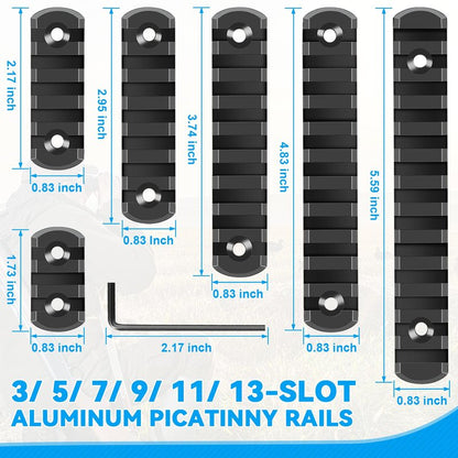 REERON Single Picatinny Rail Section Adapter 6 Pack 3 5 7 9 11 13 Slot Aluminum Picatinny Rails Accessory with 13 T-Nuts & Screws, 3 Allen Wrench - Rounded Corner, Black