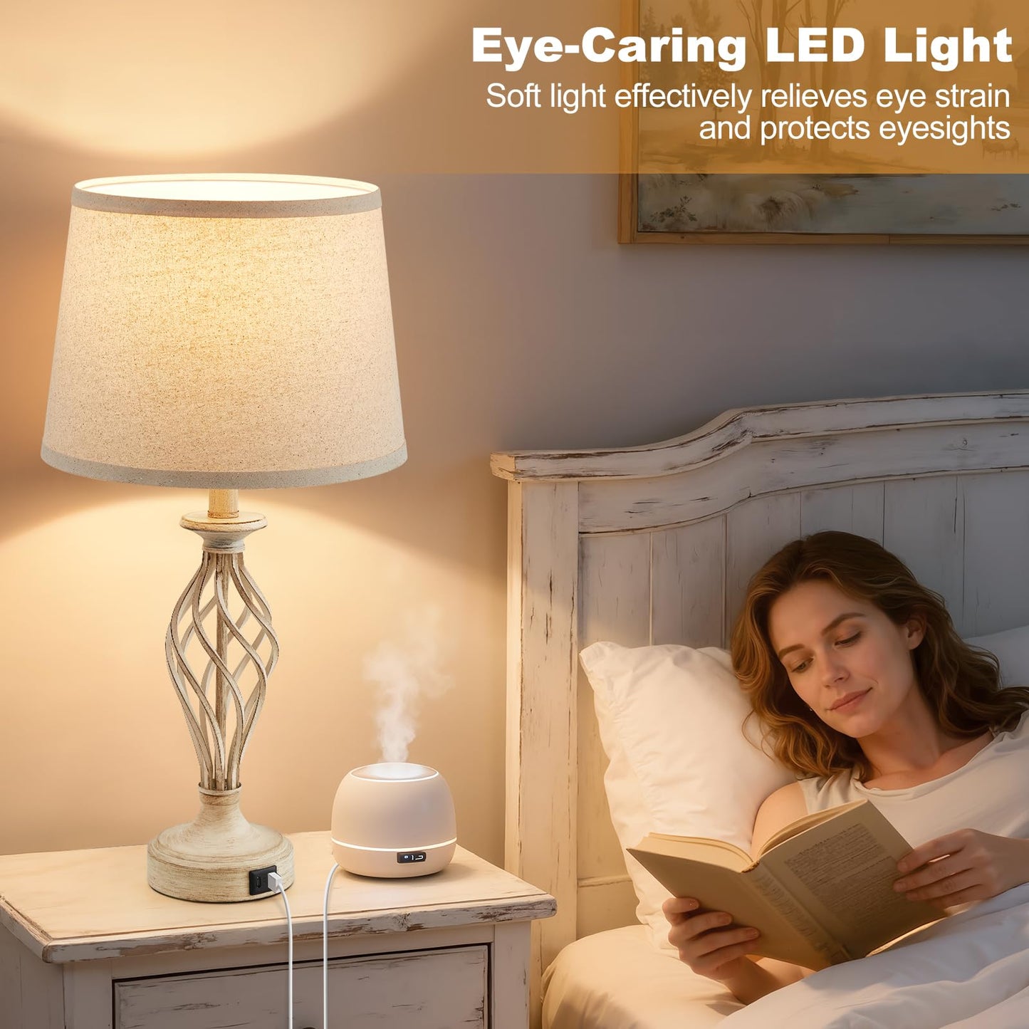 EJIAXIN Bedside Table Lamp for Bedroom Set of 2 - Beige Nightstand Lamps with USB C+A Ports,Rustic Distressed Farmhouse Bedroom Lamp - Lamp for Living Room Reading Bed Side End Table Bulbs Included