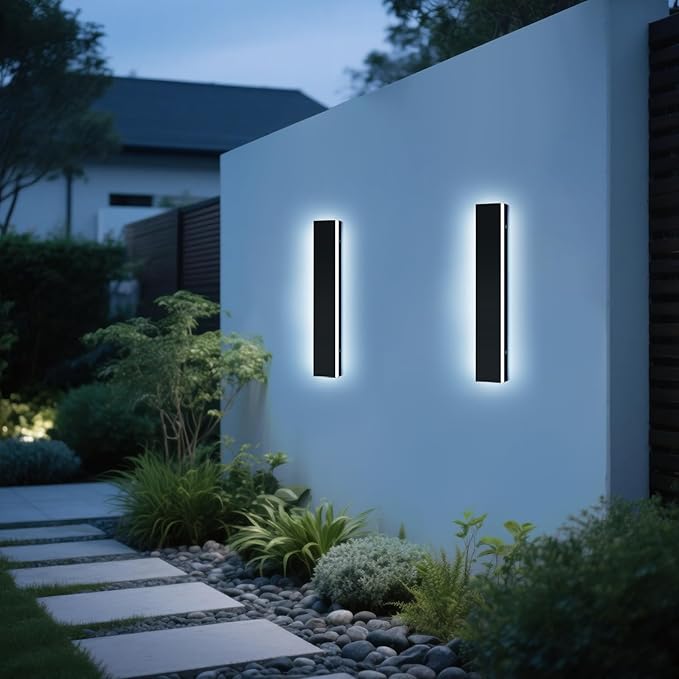 Upgrade Widened 2 Pack 23.6inch Outdoor Wall Sconce, 3000K-6000K Dimmable Modern LED Wall Mount Light, IP65 Waterproof, Black Exterior Lighting for House, Porch, Garage with Remote Control