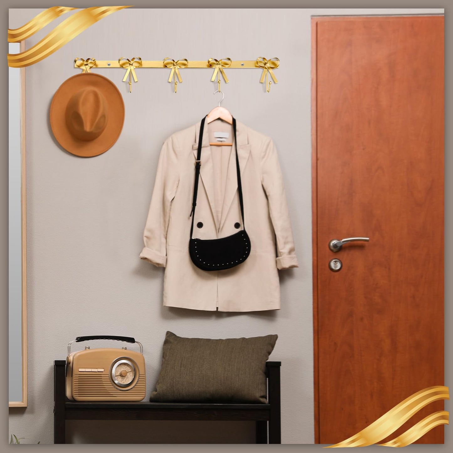 Tioncy Gold Bow Hooks Coat Rack Wall Mounted Gold Metal 5 Hook Bow Wall Decorations Nursery Bedroom Bathroom Coquette Living Room Decor for Hanging Coats Hats Towels Robes Purses Bags Keys