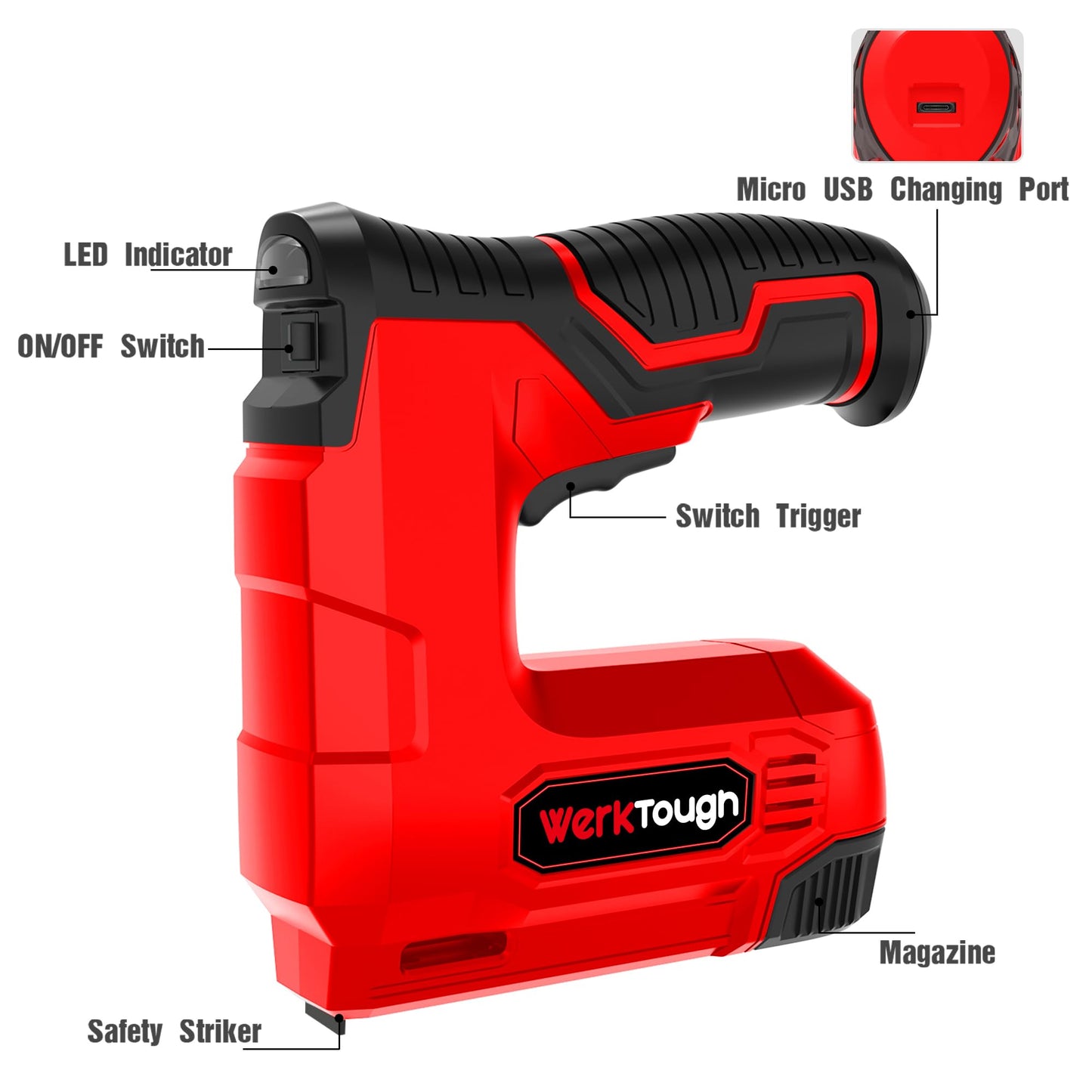Werktough 4V Cordless Staple Gun Red Brad Nailer DIY 2 in 1 Electric Staple Gun USB Cable 2000pcs Staple T50 18GA