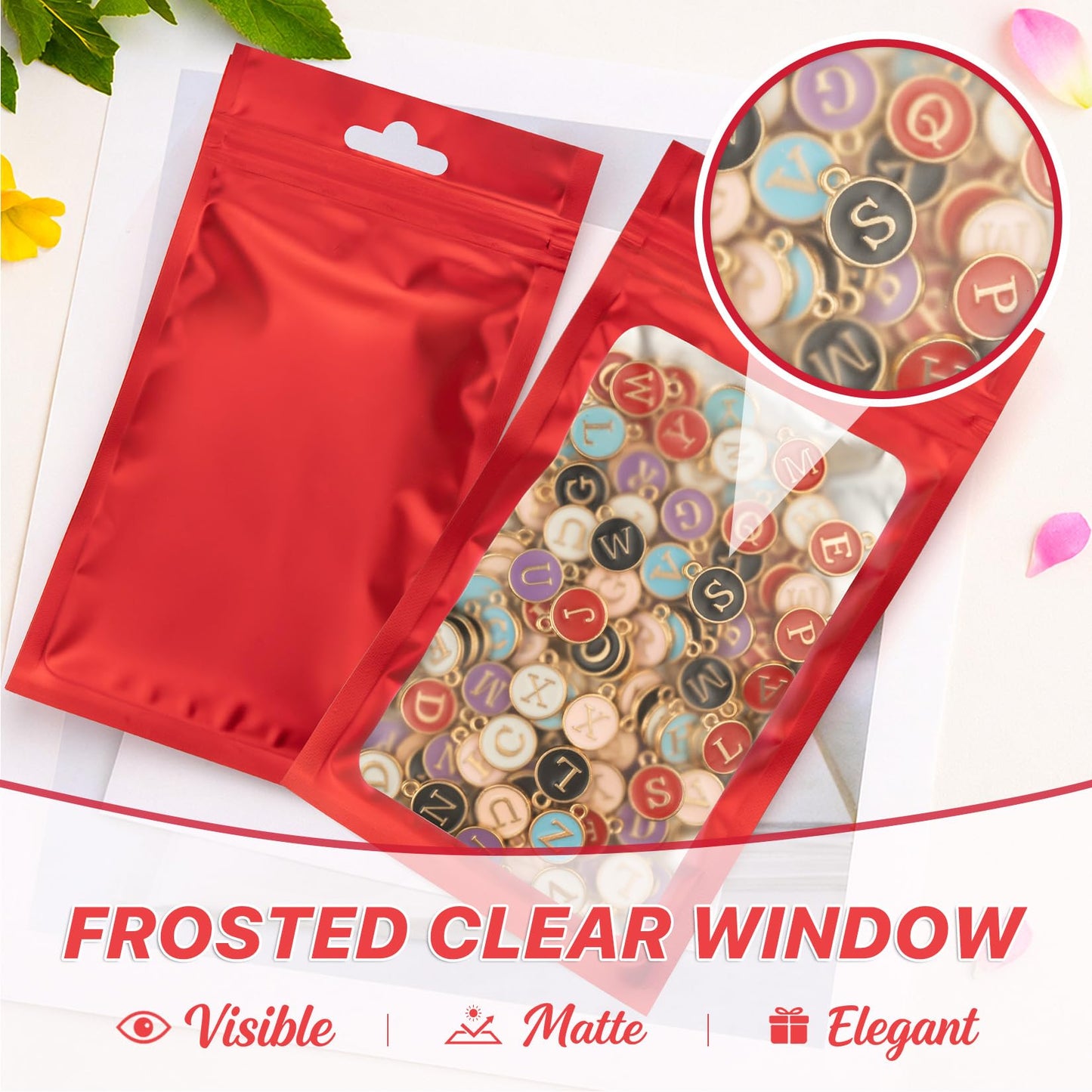 100 PCS Resealable Mylar Bags with Frosted Clear Window, Smell Proof Packaging Bags Foil Pouch Zip Bag for Food Self Sealing Storage Supplies Xmas Treat Bag (Red, 4.72x7.1)
