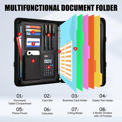 NATISERAUM Portfolio Binder 3 Ring Includes Pen and 5 Dividers with 10 Pockets, Padfolio Organizer with Magnetic Handle for Men and Women, Includes A4 Notepad for Business, School, Work