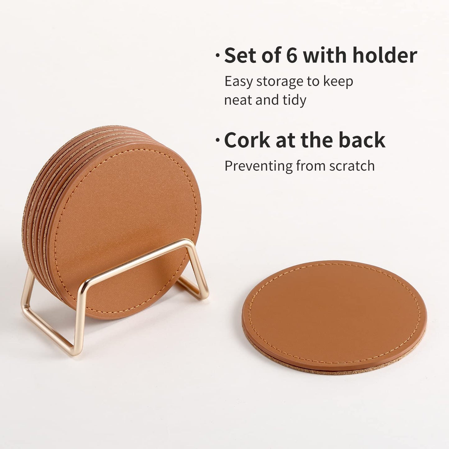 CASEGRACE Drink Coasters with Metal Holder Stand Set of 6, PU Leather Absorbent Coasters with Cork Base Table Coaster Set Decorative Coffee Cup Coasters Housewarming Gift for Home Decor