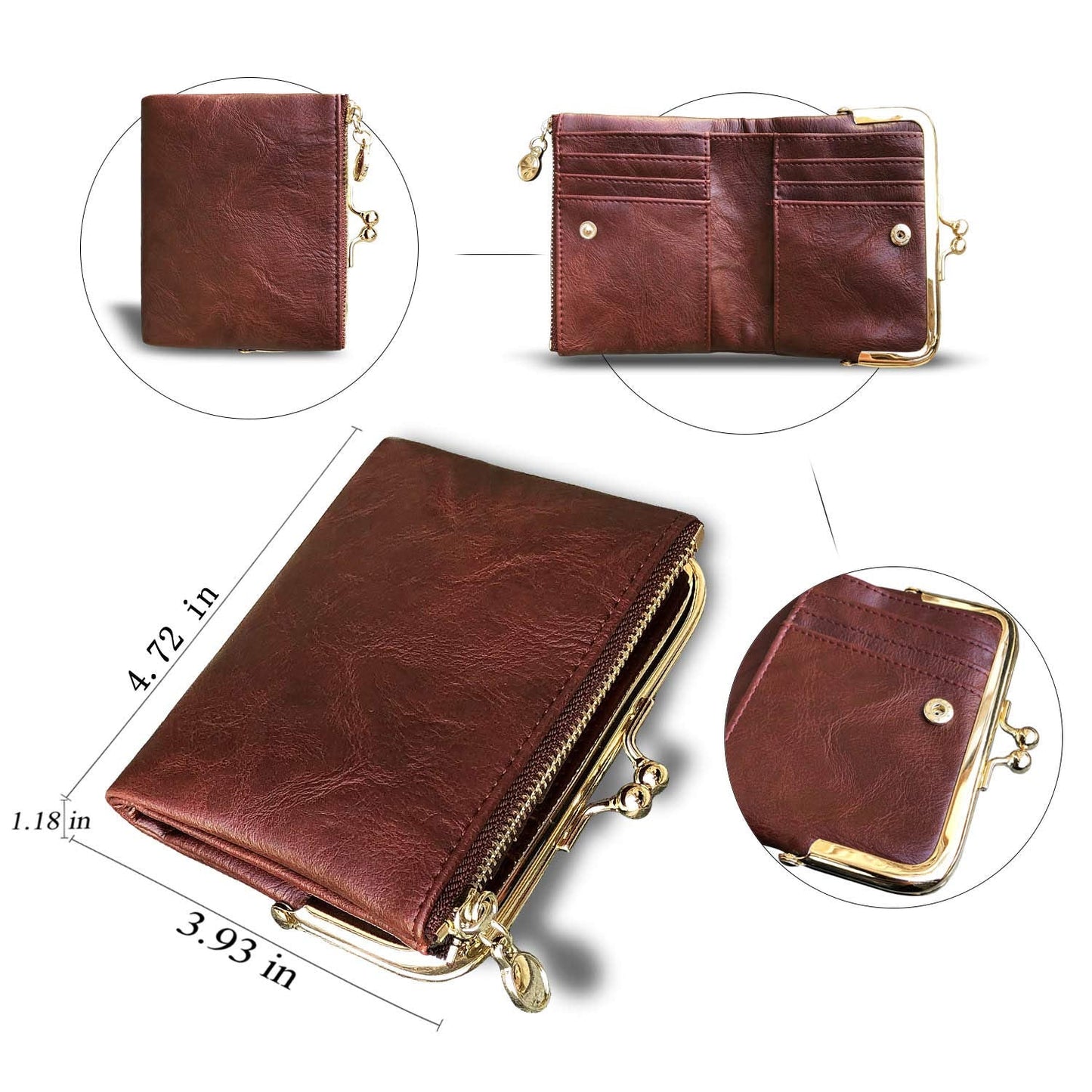PofeeXIO Womens Wallet RFID Small Compact Bifold Leather Vintage Wallet,Ladies Coin Purse with Zipper and Kiss Lock (Brown)