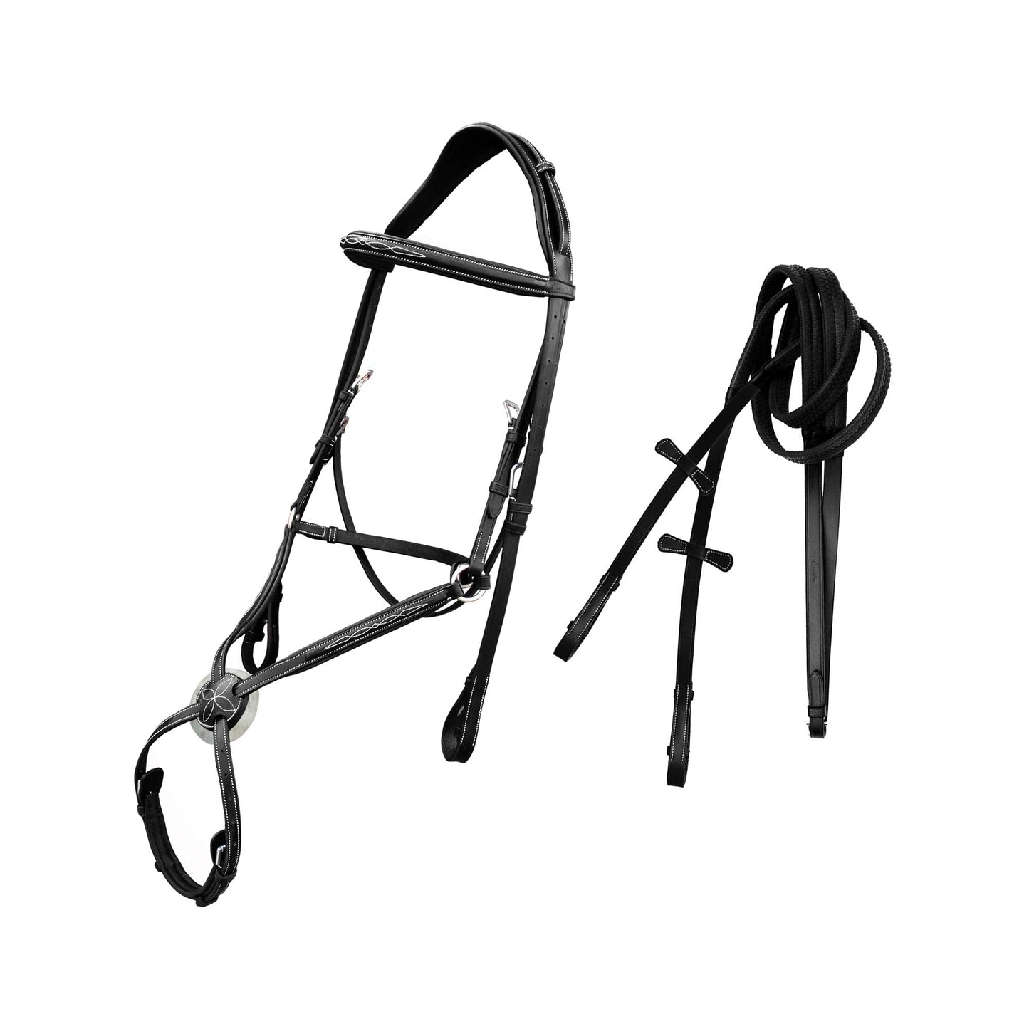 ExionPro Exion Anatomic Shape Crown Piece Fancy Stitched Square Raised Figure 8 Noseband Jumping Bridle with Rubber Reins | English Figure 8 Bridle