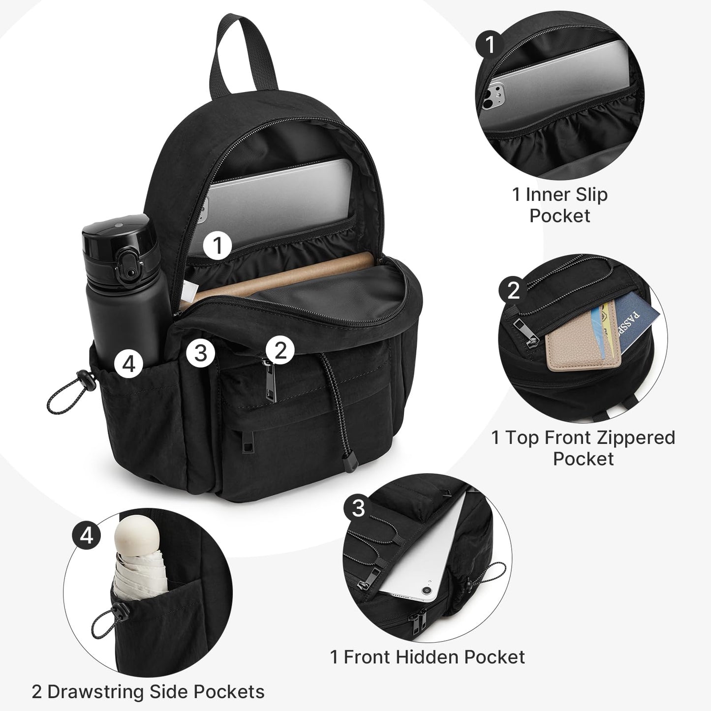 G4Free 10L Small Backpack for Women Men Lightweight Mini Travel Backpacks Hiking Casual Daypack, Black