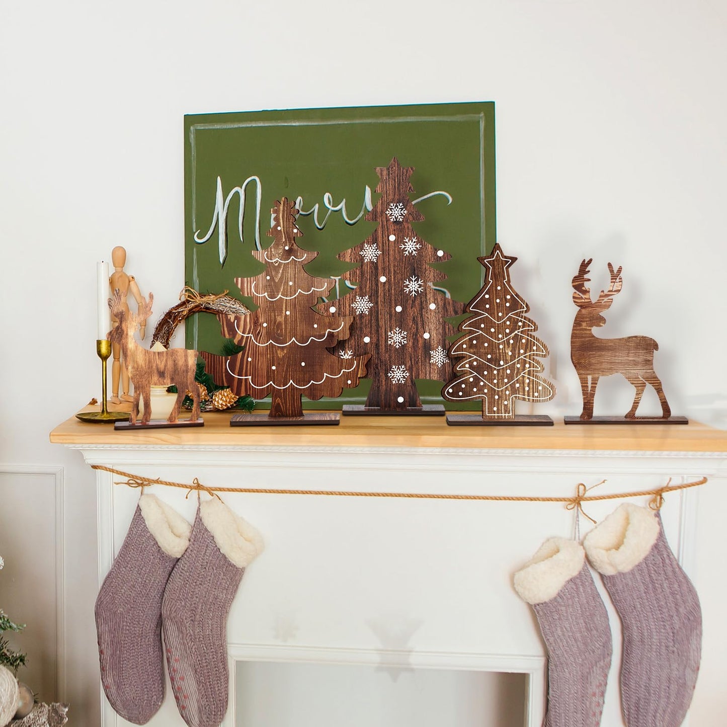 Barydat 8 Pcs Summer Christmas Table Decorations Wooden Christmas in July Pine Tree Reindeer Table Centerpiece Xmas Tabletop Sign Rustic Farmhouse Decor for Home Office Party Supplies Gifts (Rustic)