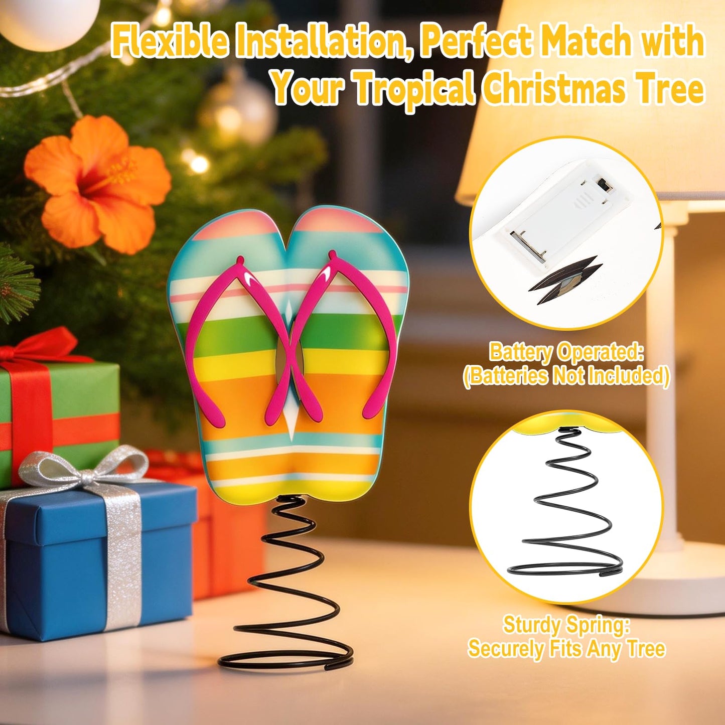 APUDWN 10 x 5.2 Inch Wood Summer Tree Topper with LED Lights, Flip Flop Tree Decorations for Christmas in July Luau Beach Theme Hawaiian Party Battery Powered Tropical Sandal Holiday Decor