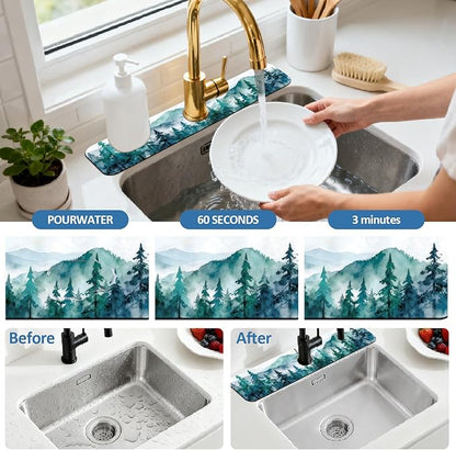 2 Pcs Kitchen Sink Splash Guard Faucet Mats Watercolor Forest Pattern Faucet Mat