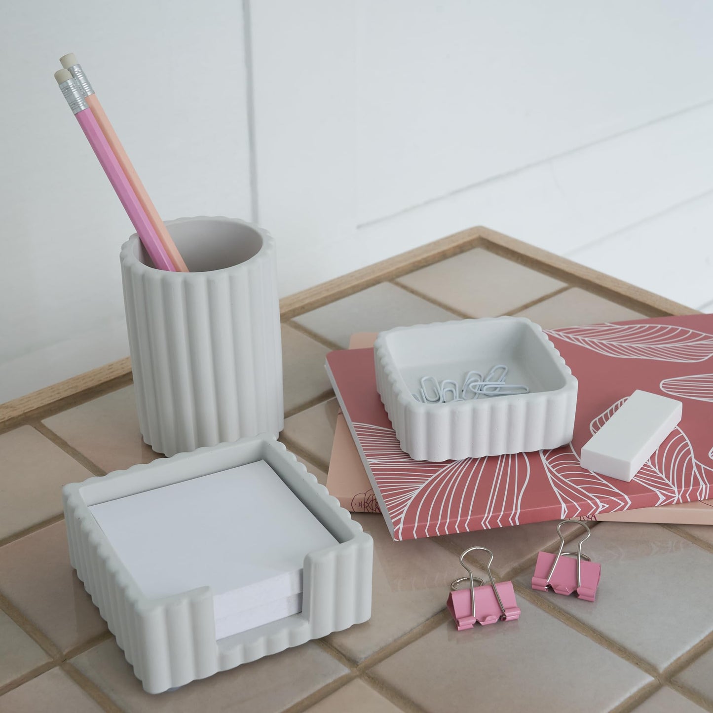 KIBAGA Modern Aesthetic Desk Accessories Set of 3 - Stylish Concrete Organizers for Pens & Office Supplies - A Cute and Functional Addition to Your Workspace Decor